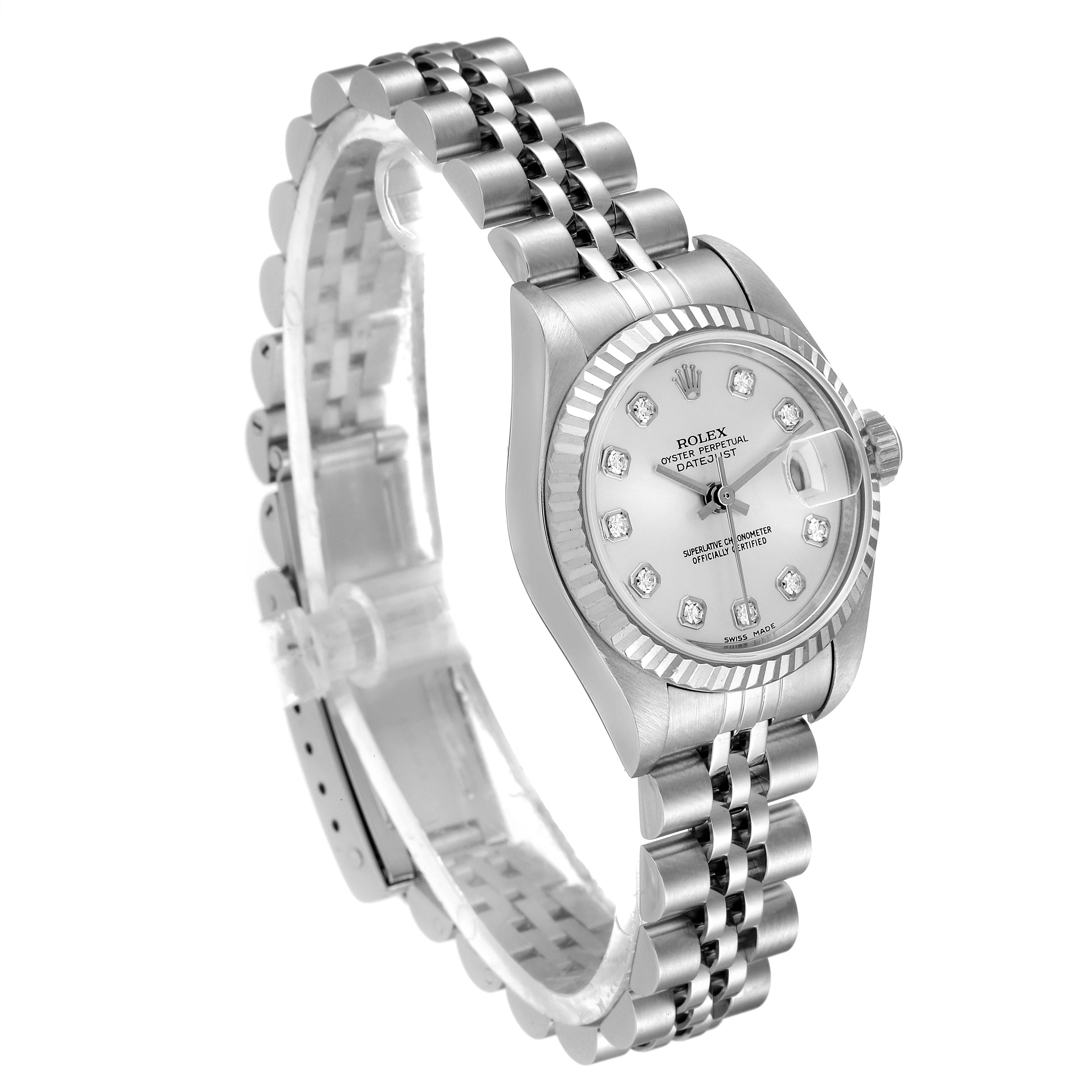 The image shows a side and front angle of a Rolex Datejust 79174 Women
s Stainless Steel Silver Dial 79174 Women
s Stainless Steel Silver Dial watch, highlighting the face, bracelet, and crown.