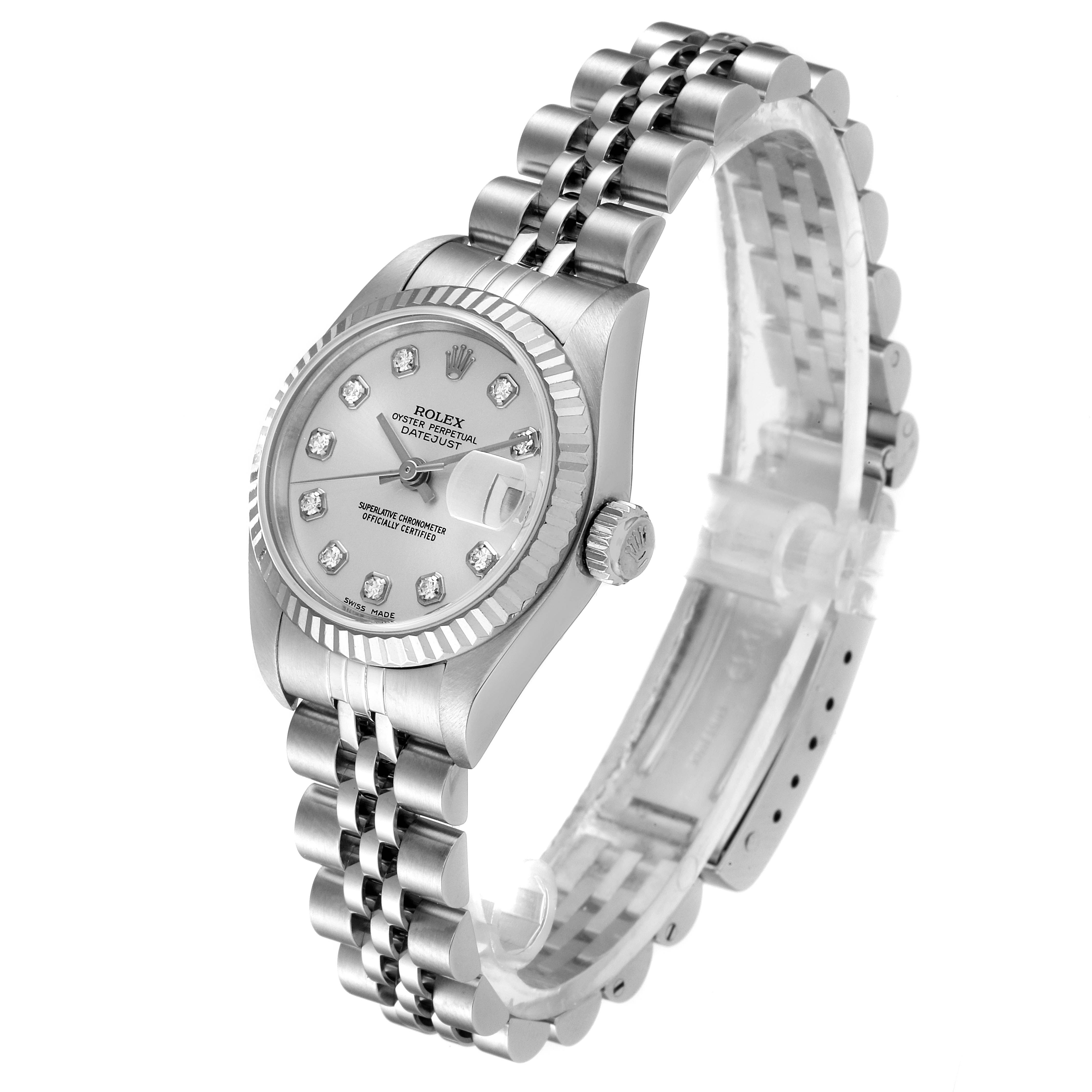 The image shows a Rolex Datejust 79174 Women
s Stainless Steel Silver Dial 79174 Women
s Stainless Steel Silver Dial watch at an angled view, highlighting the face, bezel, and Jubilee bracelet.