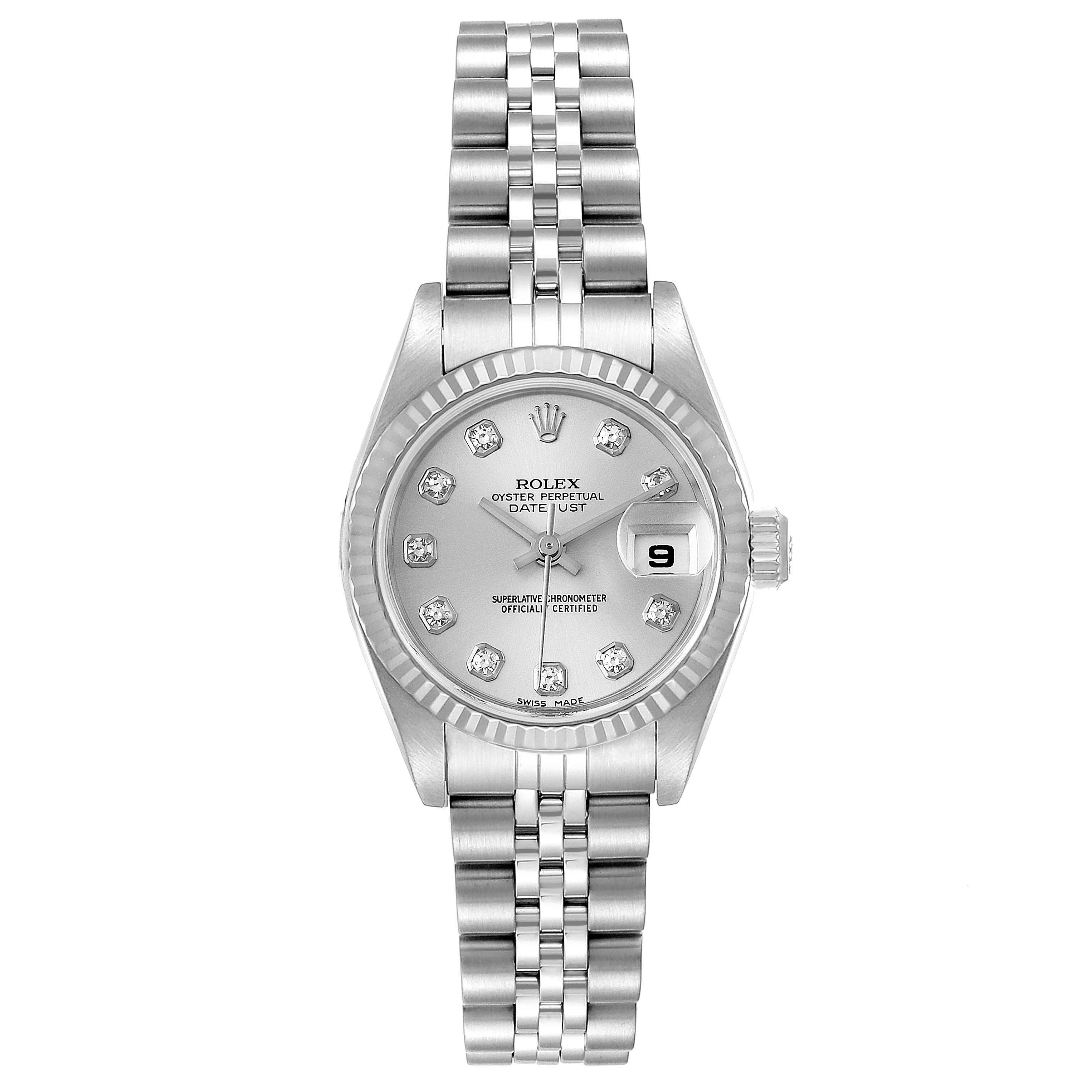 The Rolex Datejust 79174 Women
s Stainless Steel Silver Dial 79174 Women
s Stainless Steel Silver Dial watch is shown from a top-down angle, displaying the dial, bezel, crown, and stainless steel bracelet.