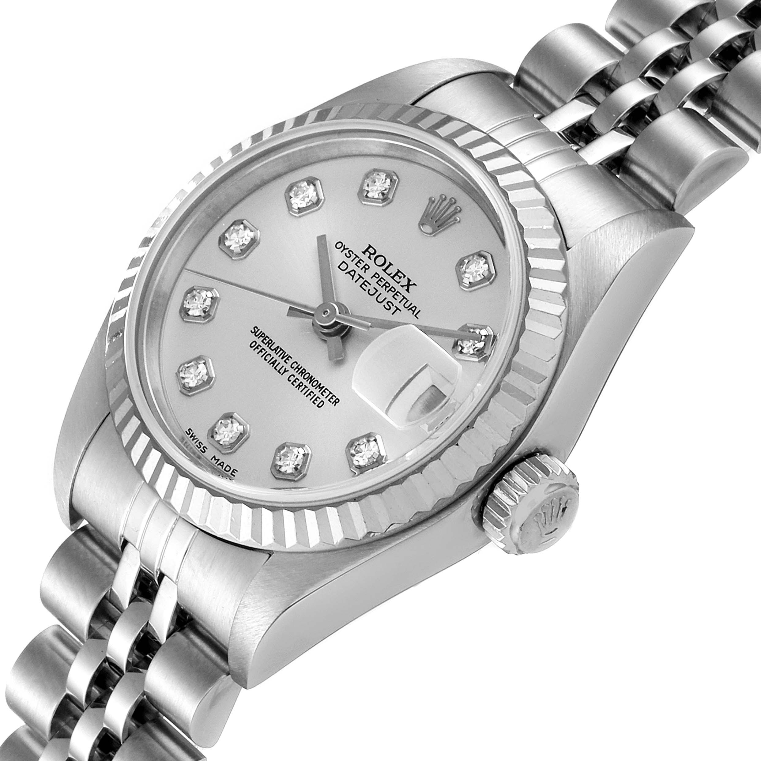 The image shows a close-up side angle of the Rolex Datejust 79174 Women
s Stainless Steel Silver Dial 79174 Women
s Stainless Steel Silver Dial watch, highlighting the dial, bezel, and part of the bracelet.