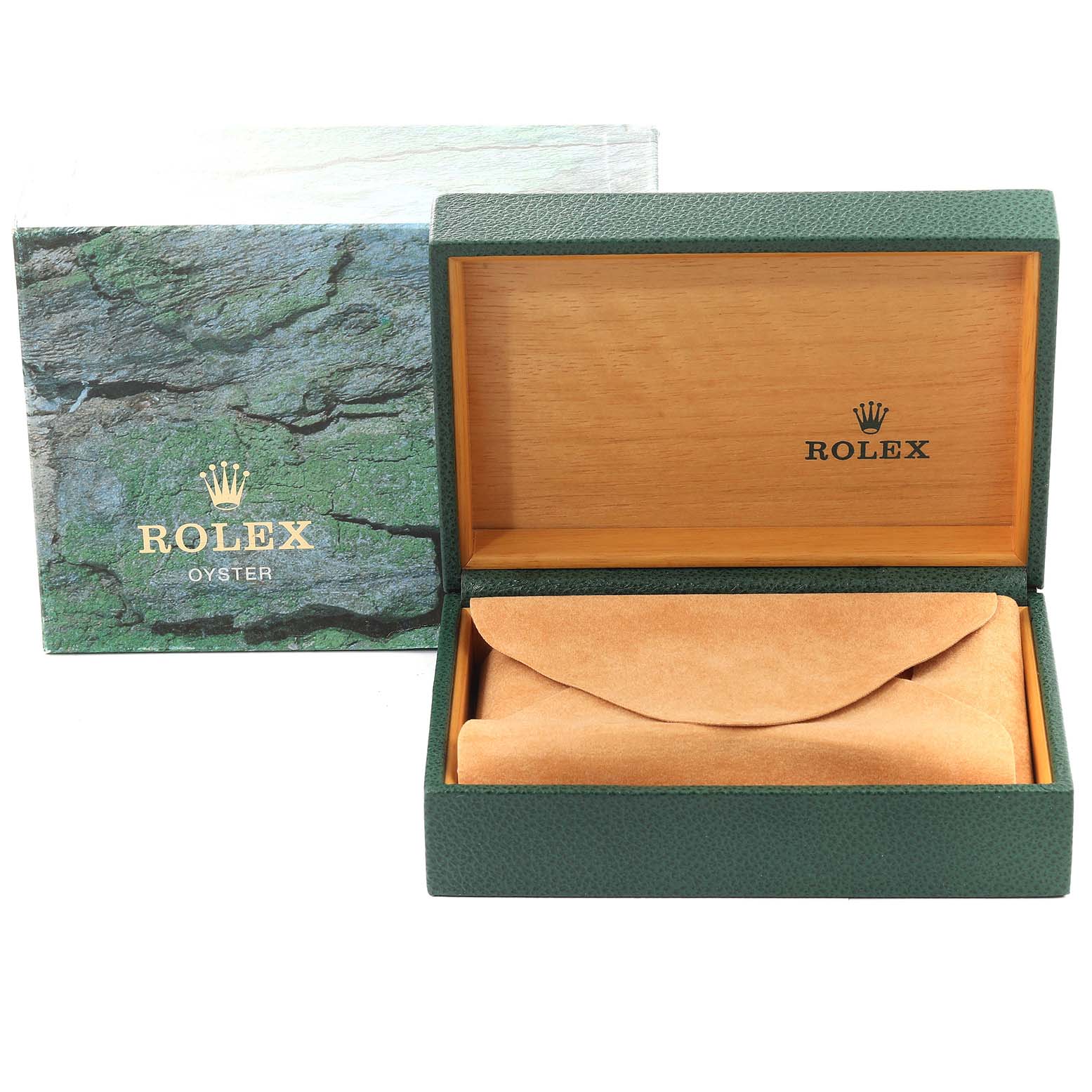 The image shows a Rolex Datejust 16234 Men's Stainless Steel Silver Dial 16234 Men's Stainless Steel Silver Dial watch box and packaging from a front angle.