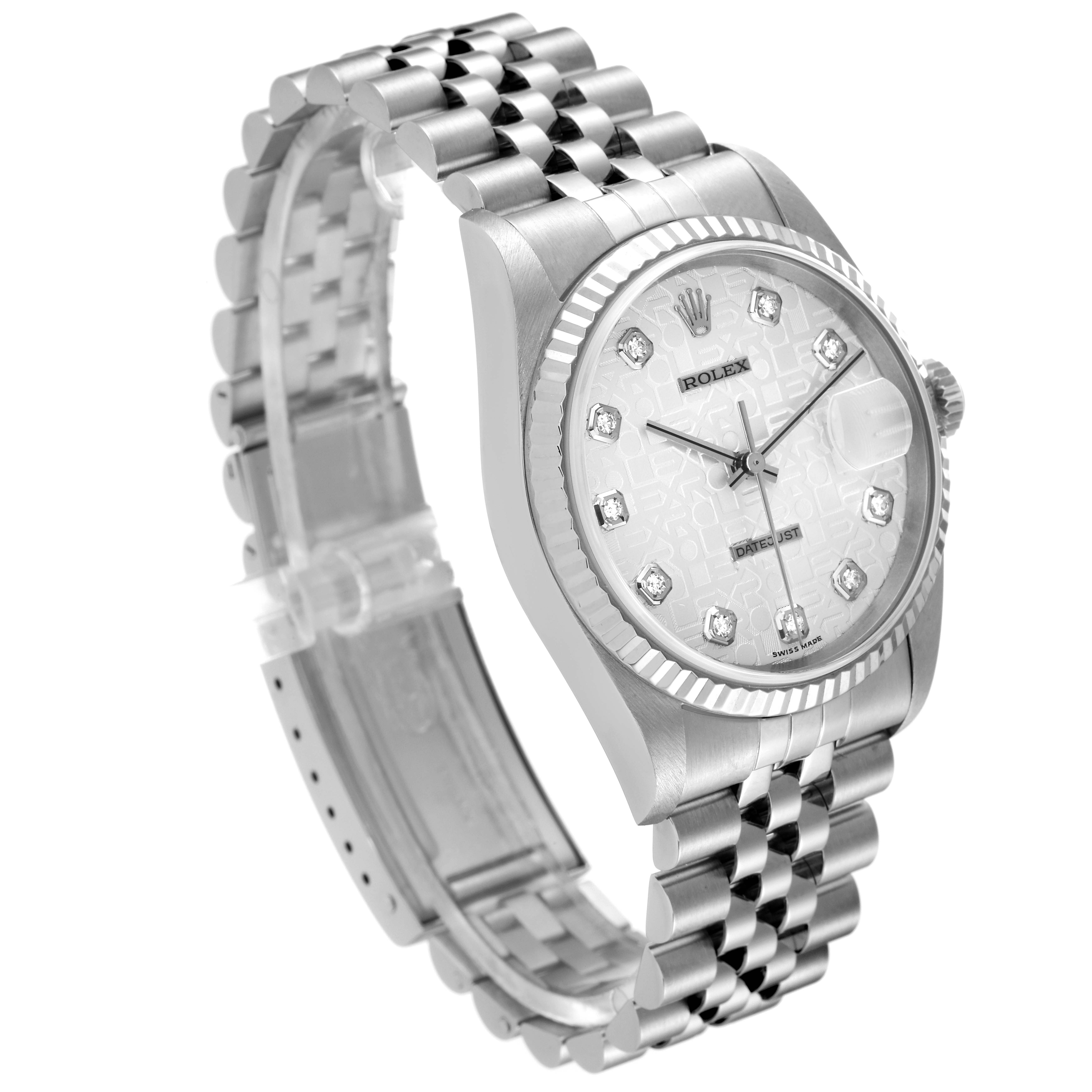 The image shows a Rolex Datejust 16234 Men's Stainless Steel Silver Dial 16234 Men's Stainless Steel Silver Dial watch at a slight angle, highlighting its face, bezel, bracelet, and clasp.