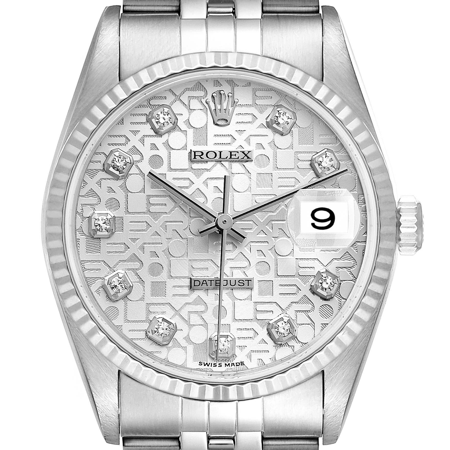 This close-up of a Rolex Datejust 16234 Men's Stainless Steel Silver Dial 16234 Men's Stainless Steel Silver Dial watch shows the face, bezel, crown, and part of the band.