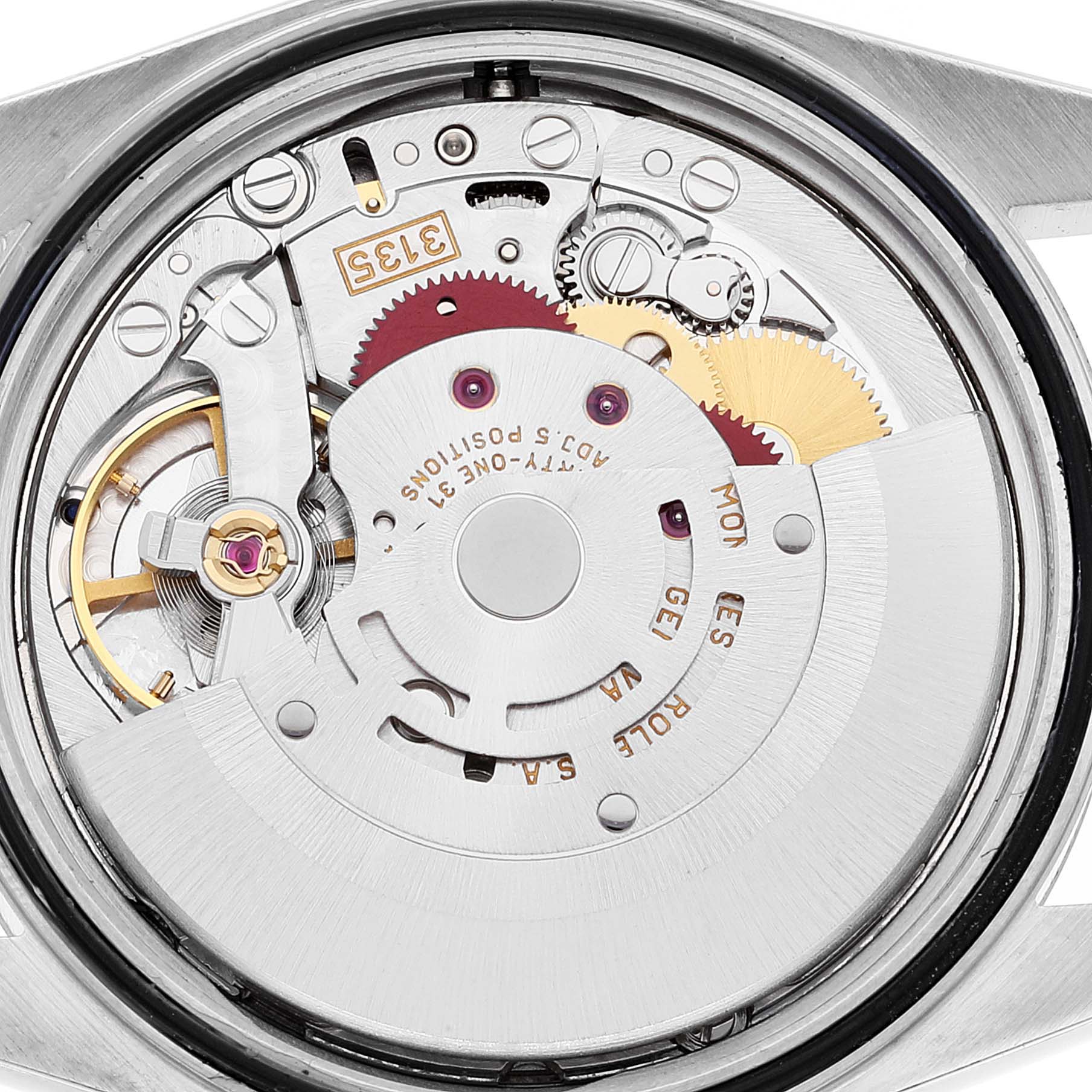 This close-up shot of the Rolex Datejust 16234 Men's Stainless Steel Silver Dial 16234 Men's Stainless Steel Silver Dial displays its intricate movement and internal components.