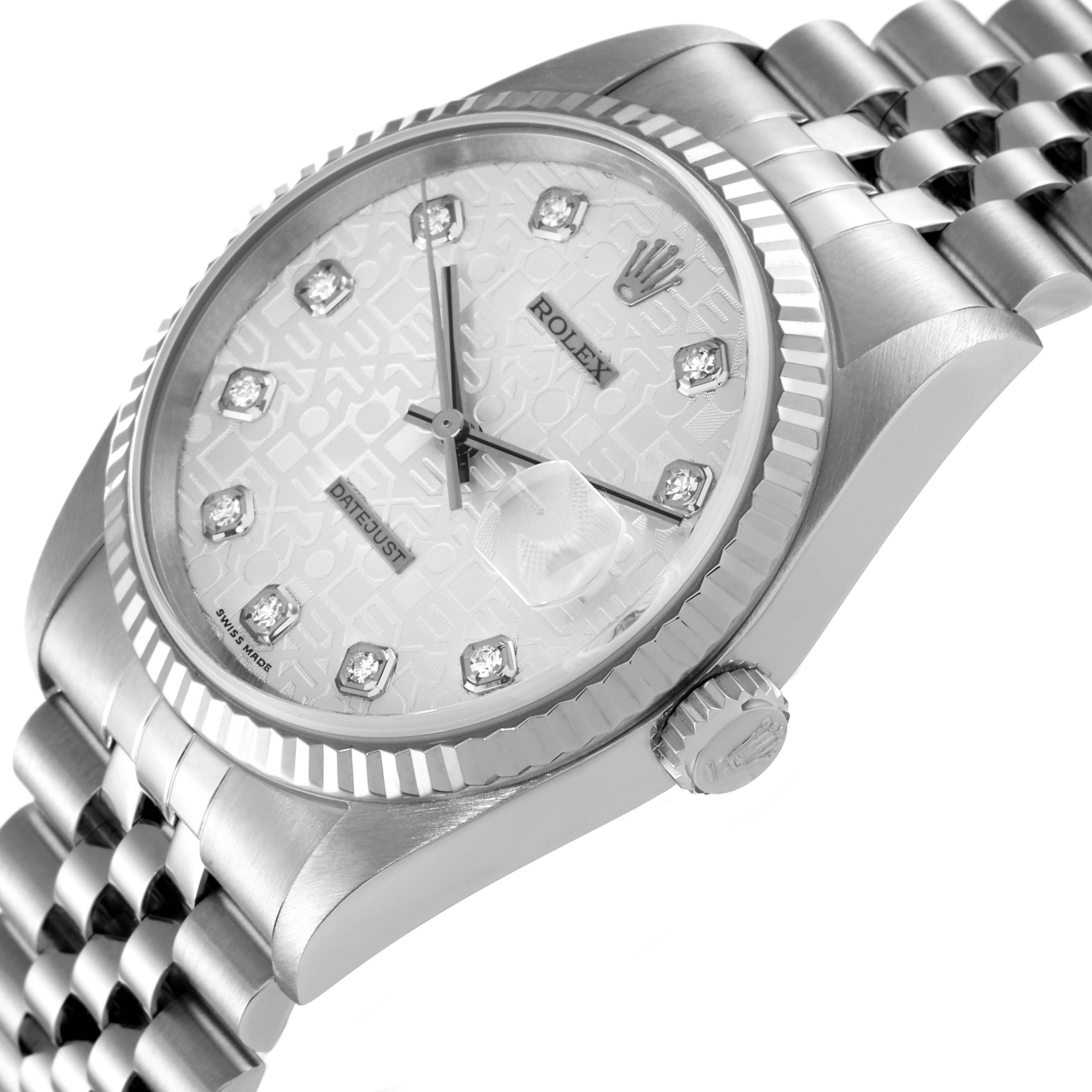 This image shows a close-up angled view of the Rolex Datejust 16234 Men's Stainless Steel Silver Dial 16234 Men's Stainless Steel Silver Dial watch, highlighting the dial, crown, and bracelet.