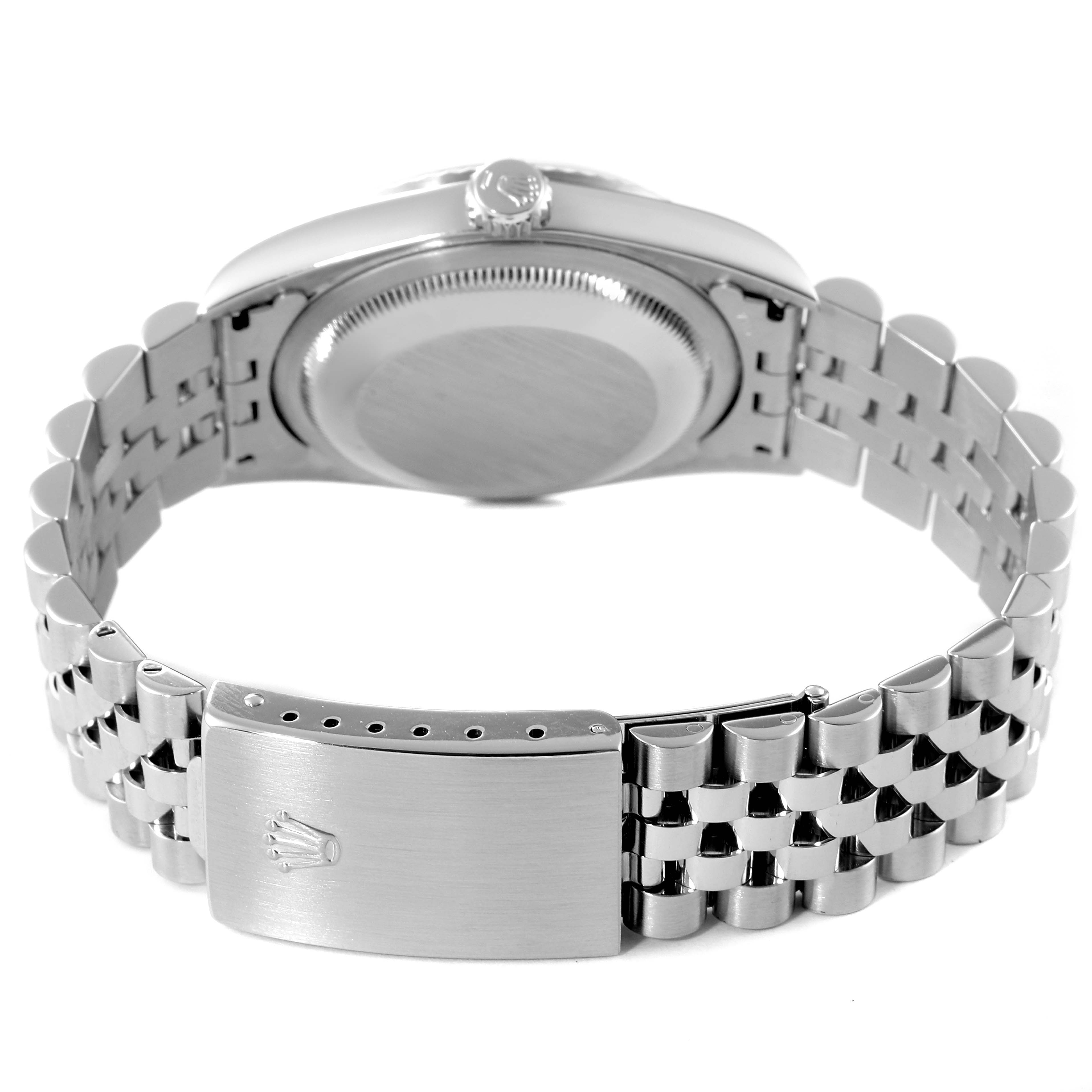 This image shows the backside of the Rolex Datejust 16234 Men's Stainless Steel Silver Dial 16234 Men's Stainless Steel Silver Dial watch, highlighting its jubilee bracelet and clasp.