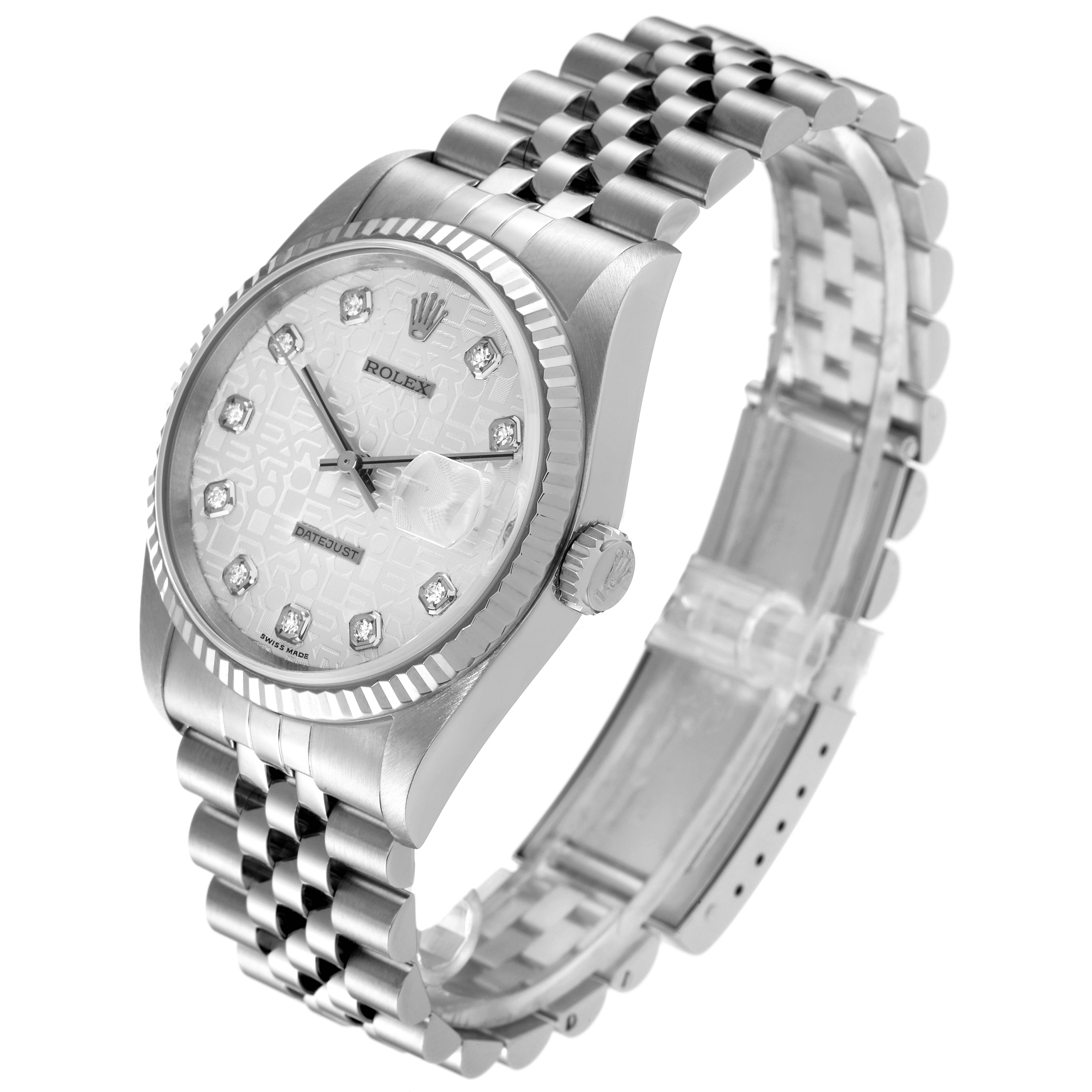 The image shows a Rolex Datejust 16234 Men's Stainless Steel Silver Dial 16234 Men's Stainless Steel Silver Dial watch at a three-quarter angle, highlighting the dial, bezel, crown, and bracelet.