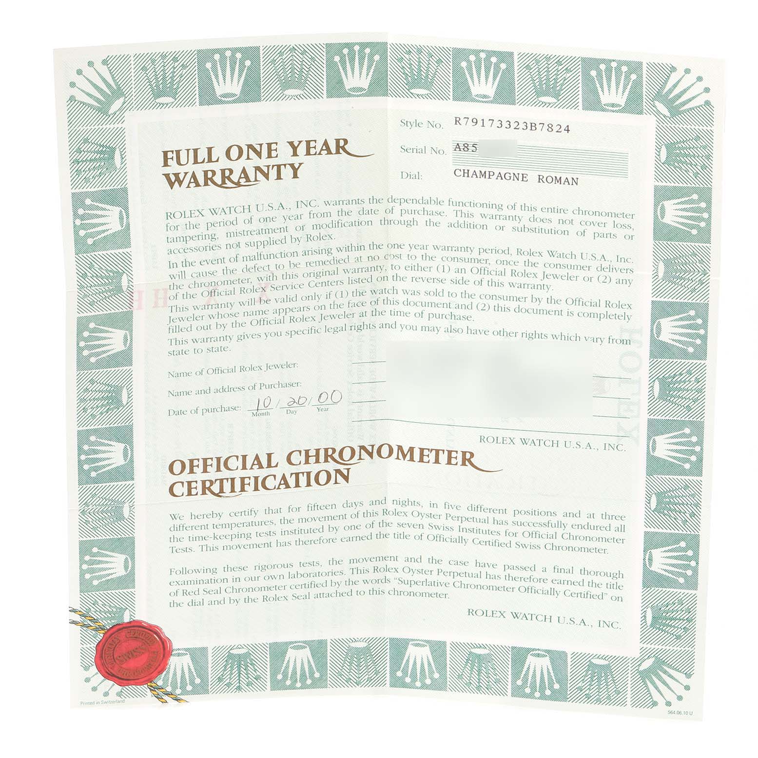 This image shows the full one-year warranty and official chronometer certification for a Rolex Datejust 79173 Women's Steel and Gold (two tone) Champagne Dial 79173 Women's Steel and Gold (two tone) Champagne Dial model.