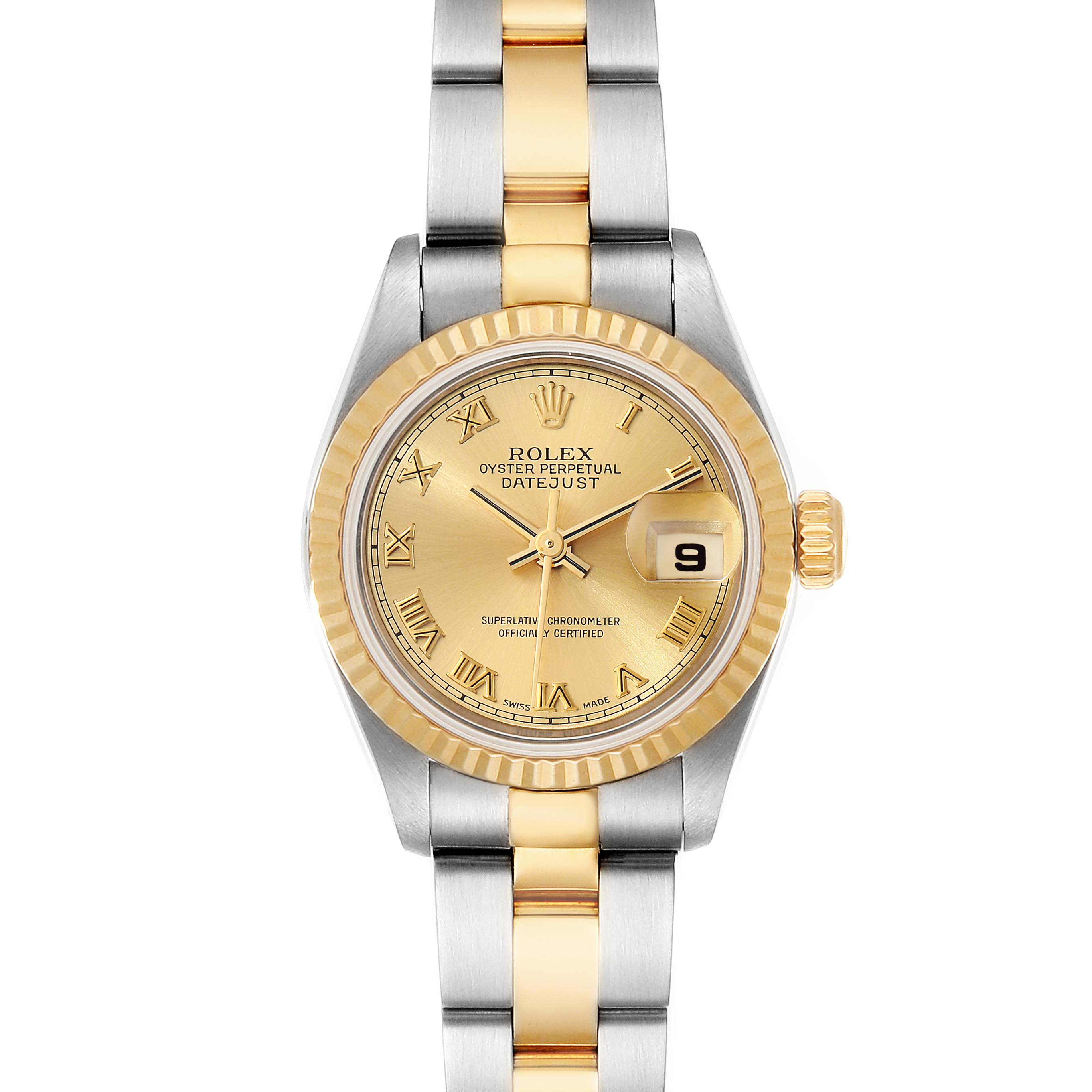 The image shows a front view of a Rolex Datejust 79173 Women's Steel and Gold (two tone) Champagne Dial 79173 Women's Steel and Gold (two tone) Champagne Dial watch with a gold and silver two-tone bracelet.