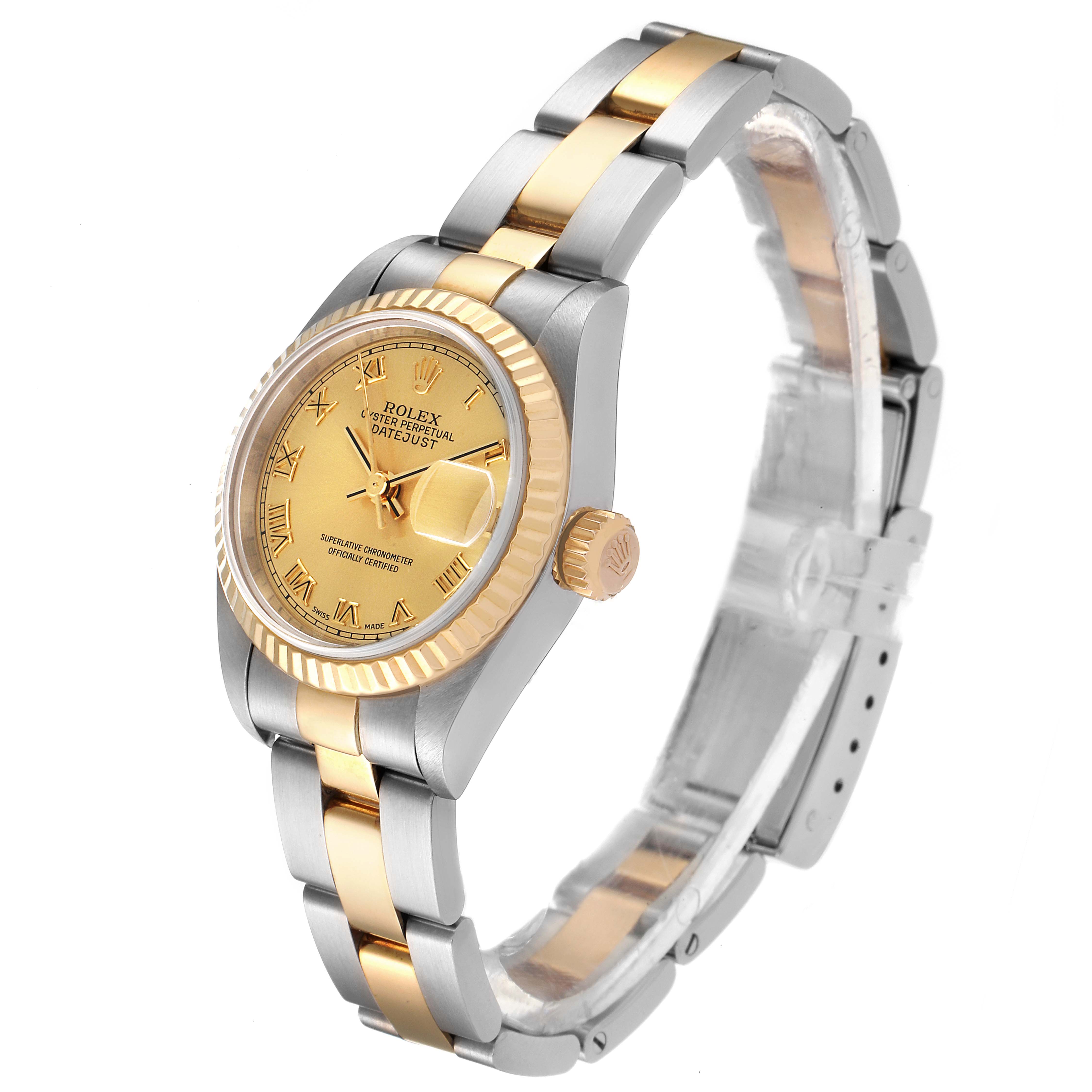 The Rolex Datejust 79173 Women's Steel and Gold (two tone) Champagne Dial 79173 Women's Steel and Gold (two tone) Champagne Dial watch is shown at a three-quarter angle, displaying its face, bezel, crown, and two-tone bracelet.