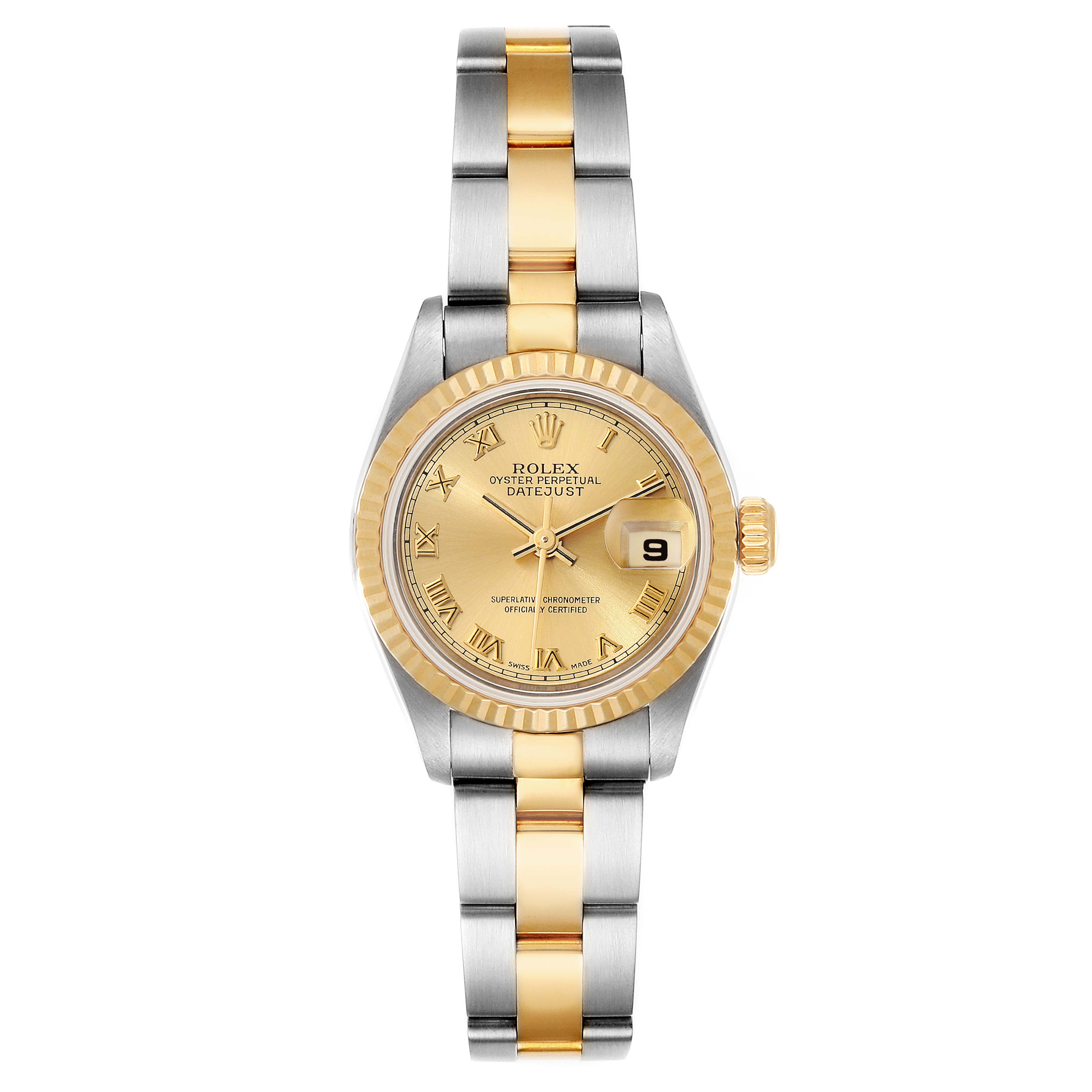 This image shows a frontal view of a Rolex Datejust 79173 Women's Steel and Gold (two tone) Champagne Dial 79173 Women's Steel and Gold (two tone) Champagne Dial, featuring its gold and silver bracelet, gold dial, and fluted bezel.