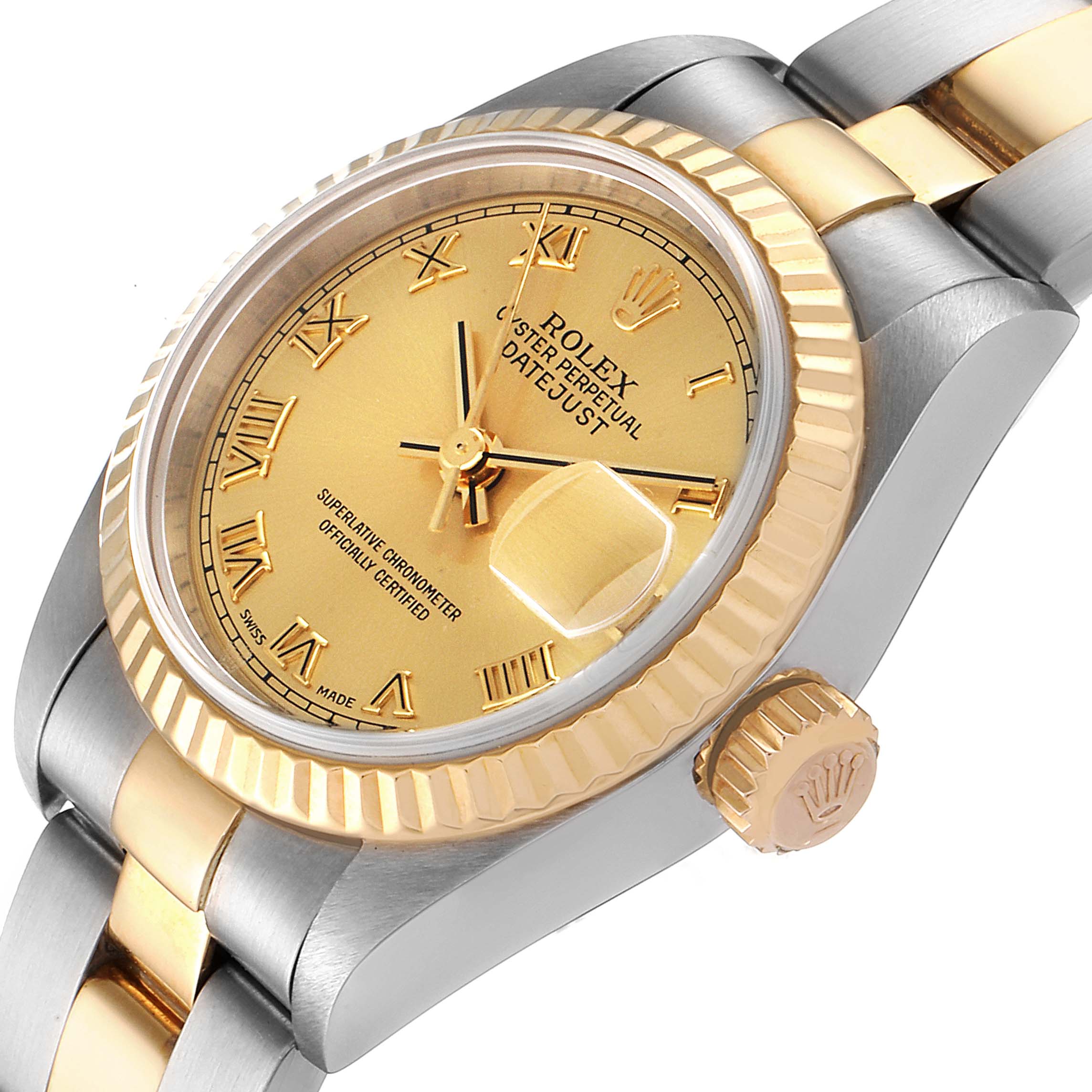 The image shows a Rolex Datejust 79173 Women's Steel and Gold (two tone) Champagne Dial 79173 Women's Steel and Gold (two tone) Champagne Dial watch from a slightly angled side view, highlighting the gold bezel, dial, crown, and part of the bracelet.