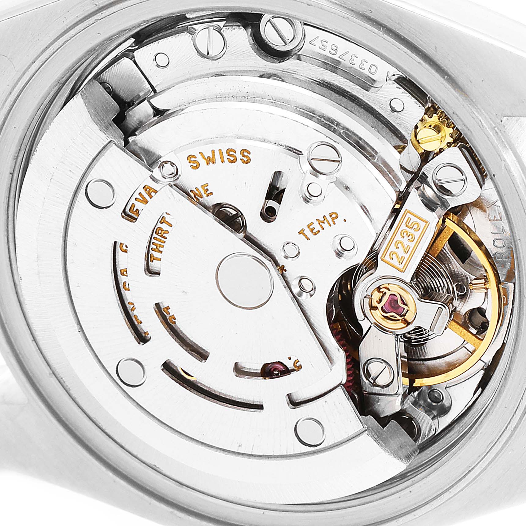 The image shows a close-up view of the movement mechanism of a Rolex Datejust 79173 Women's Steel and Gold (two tone) Champagne Dial 79173 Women's Steel and Gold (two tone) Champagne Dial watch.