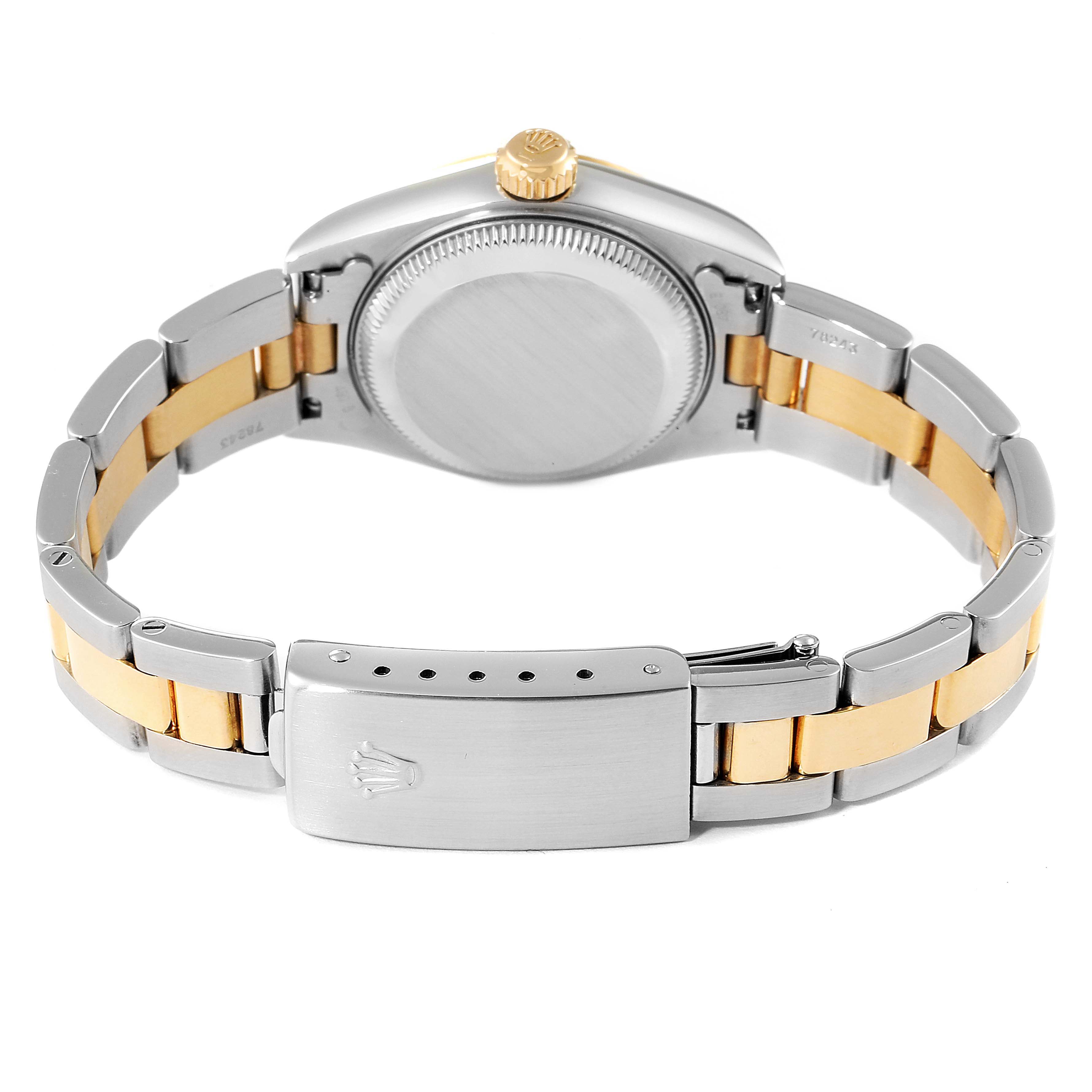 This image shows the back view of a Rolex Datejust 79173 Women's Steel and Gold (two tone) Champagne Dial 79173 Women's Steel and Gold (two tone) Champagne Dial watch, highlighting the case back, crown, and bracelet with clasp.