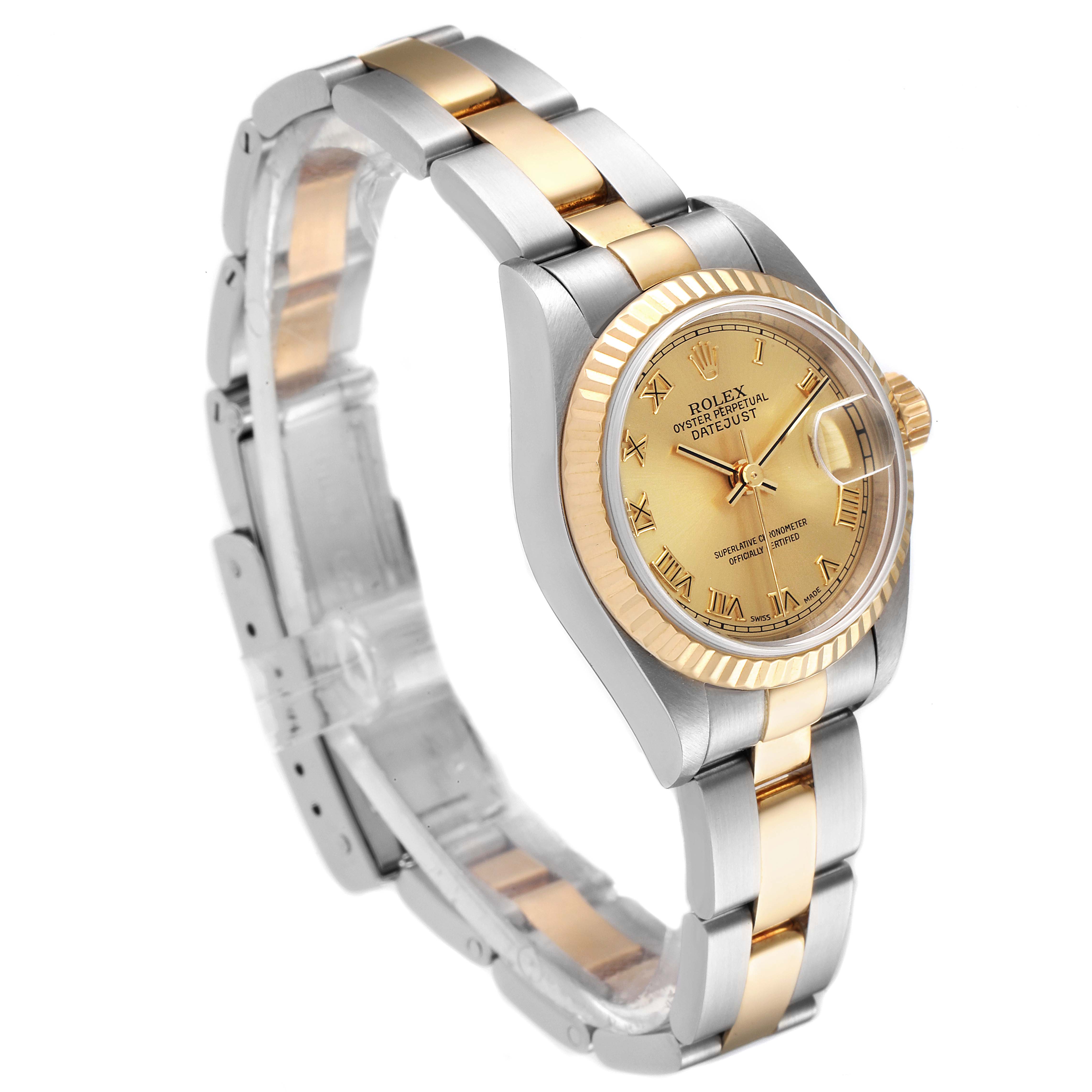 The image showcases a Rolex Datejust 79173 Women's Steel and Gold (two tone) Champagne Dial 79173 Women's Steel and Gold (two tone) Champagne Dial watch at an angled side view, highlighting its two-tone bracelet and champagne dial.