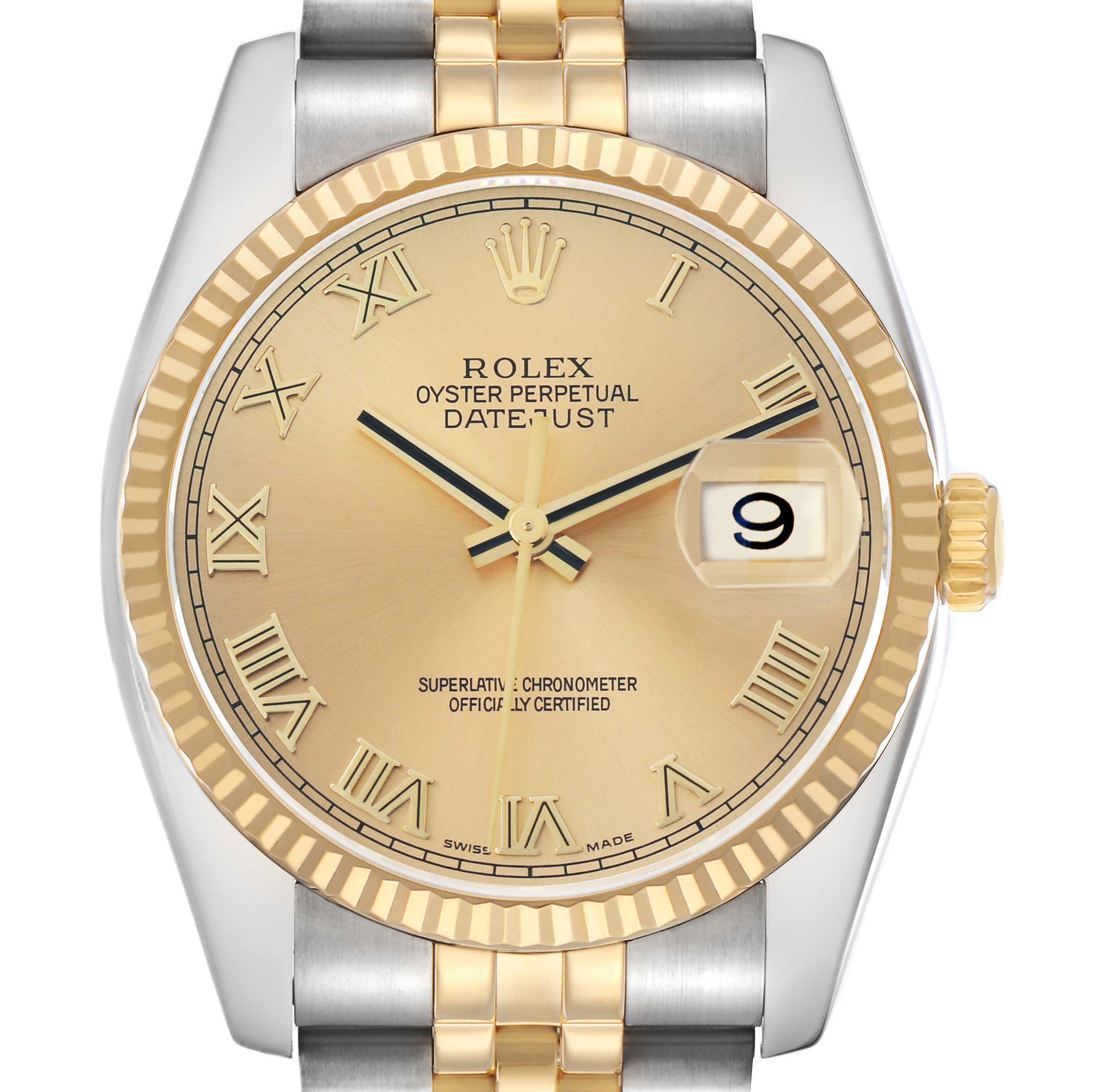 This image shows a frontal view of the Rolex Datejust 116233 Men
s Steel and Gold (two tone) Champagne Dial watch, highlighting the dial, bezel, crown, and part of the bracelet.