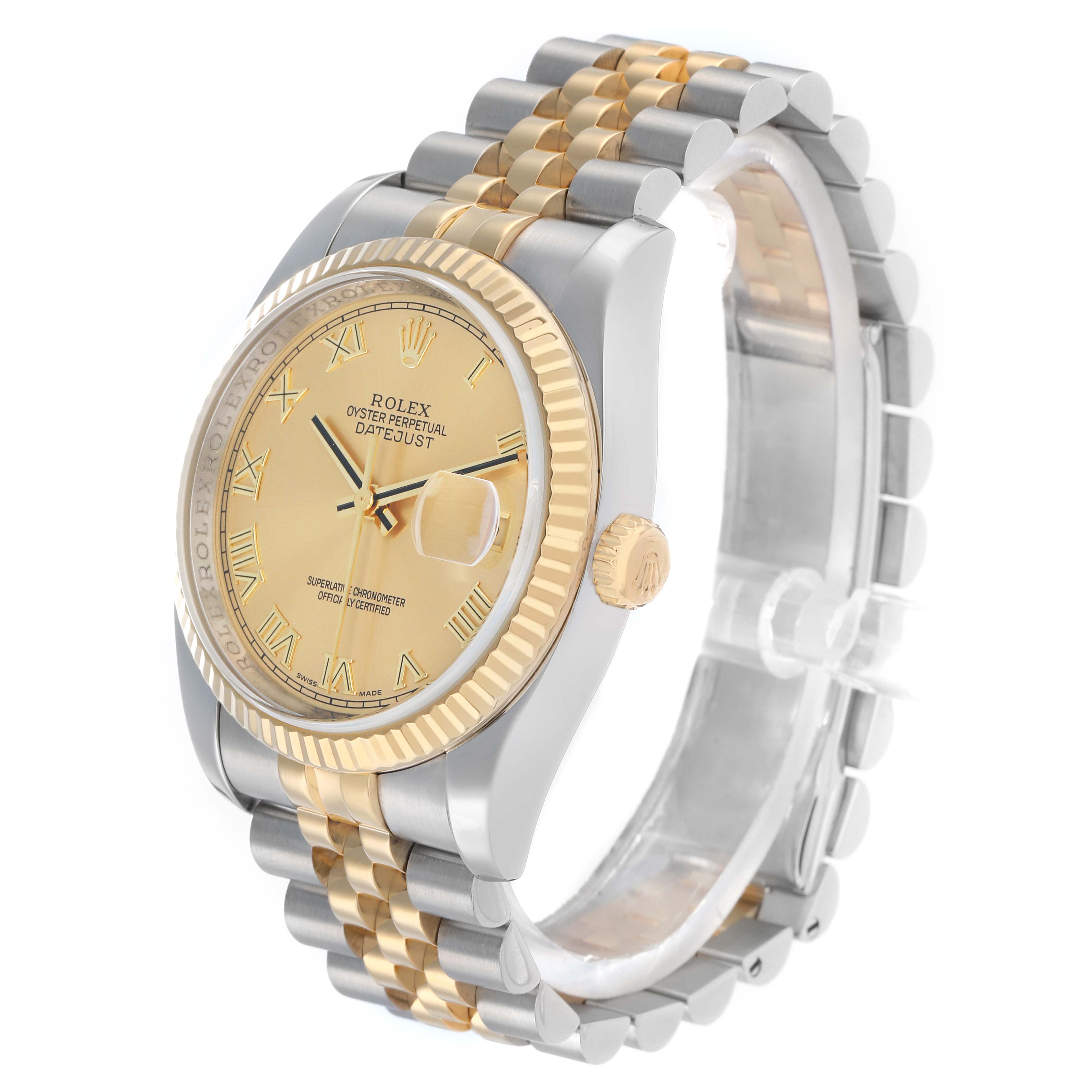 The Rolex Datejust 116233 Men
s Steel and Gold (two tone) Champagne Dial watch is shown at an angle highlighting the bezel, dial, crown, and two-tone bracelet.