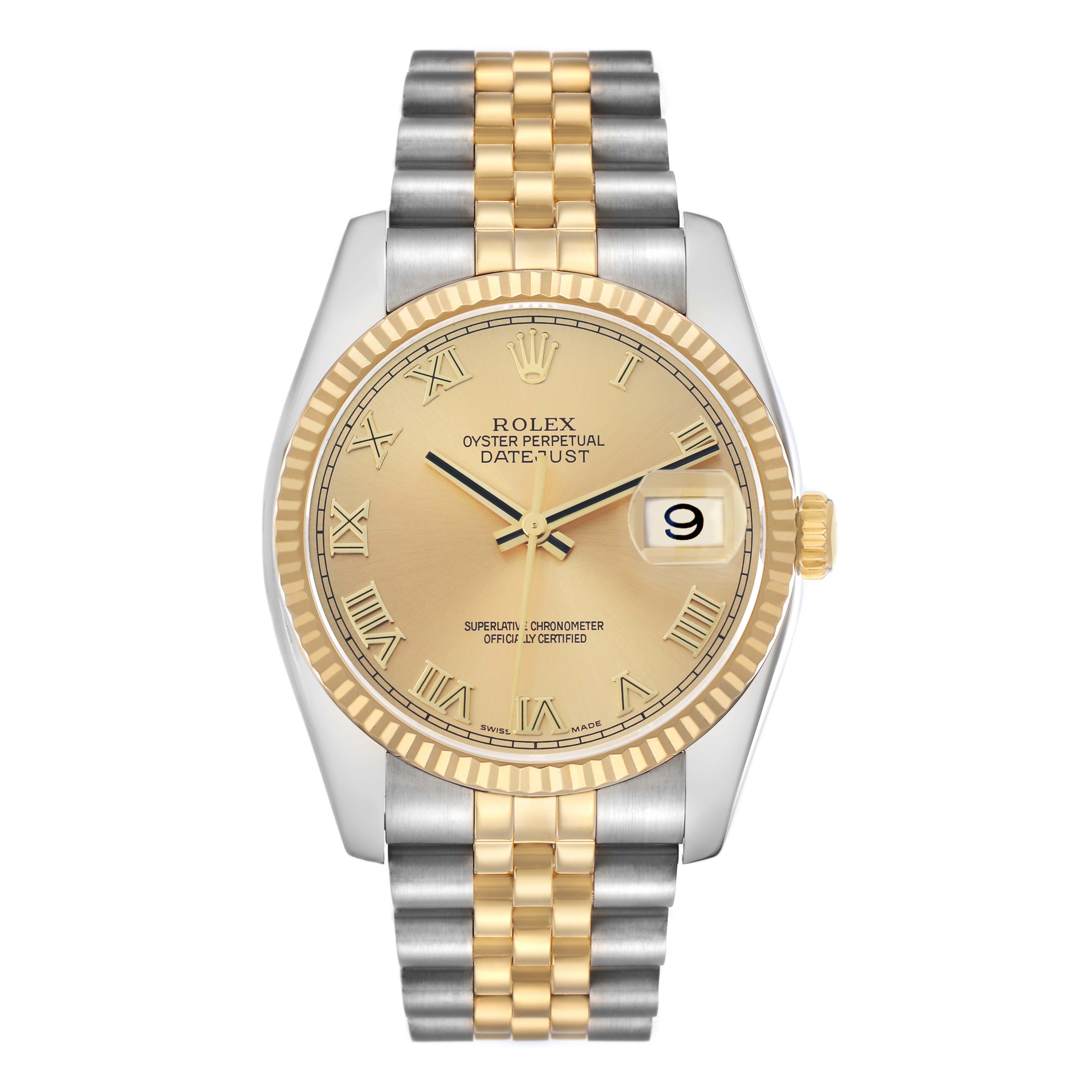 The Rolex Datejust 116233 Men
s Steel and Gold (two tone) Champagne Dial watch is shown from the front, displaying the dial, bezel, and bracelet.