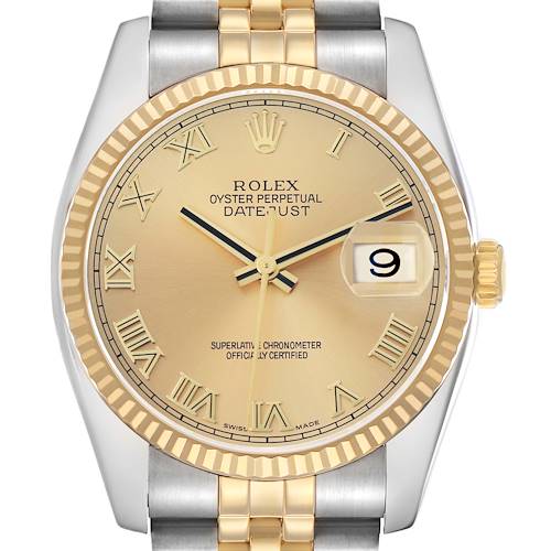 The Rolex Datejust 116233 Men's Steel and Gold (two tone) Champagne Dial watch is shown from the front, highlighting the dial, bezel, hands, bracelet, and date window.
