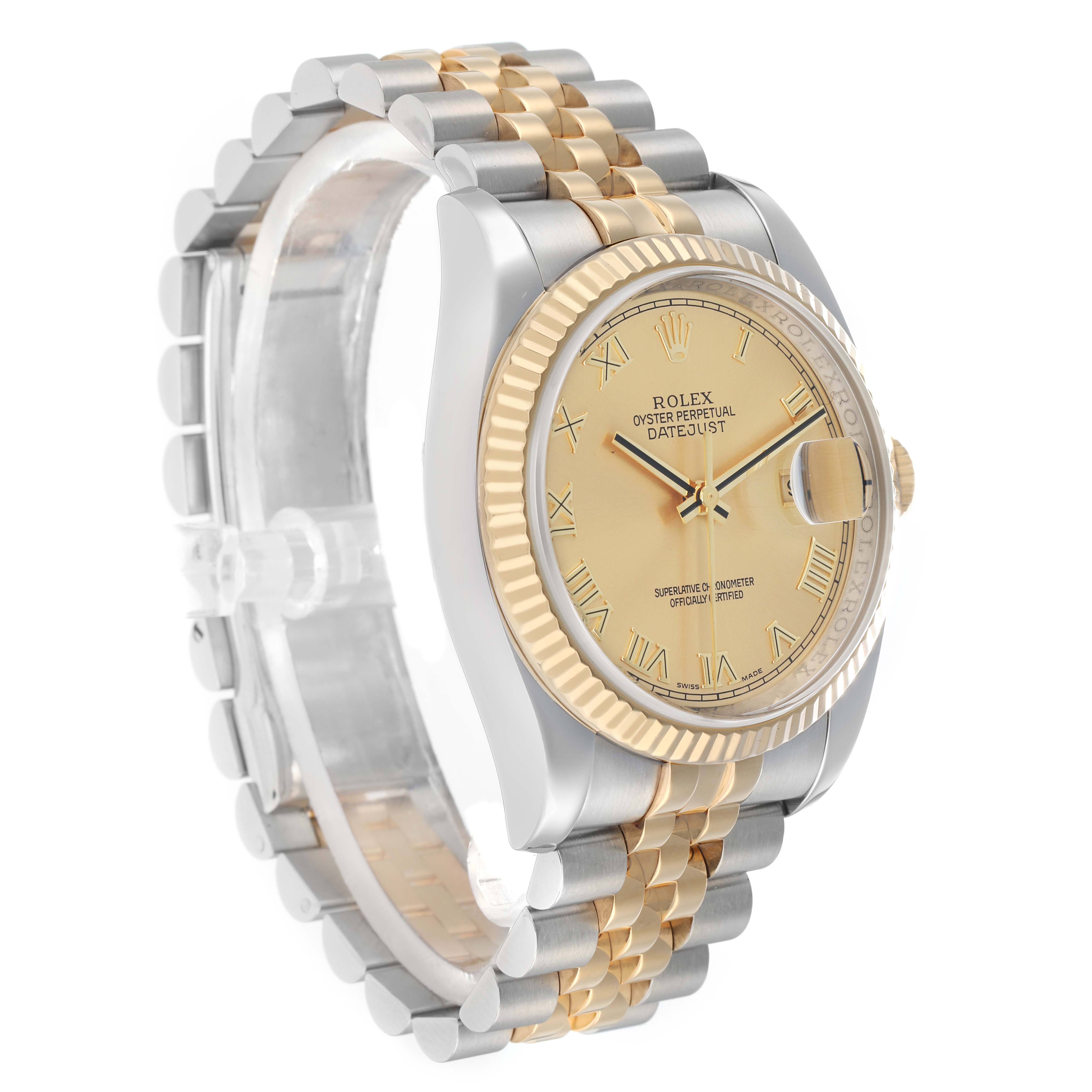 The Rolex Datejust 116233 Men
s Steel and Gold (two tone) Champagne Dial watch is shown at a three-quarter angle, highlighting the dial, bezel, and two-tone bracelet.