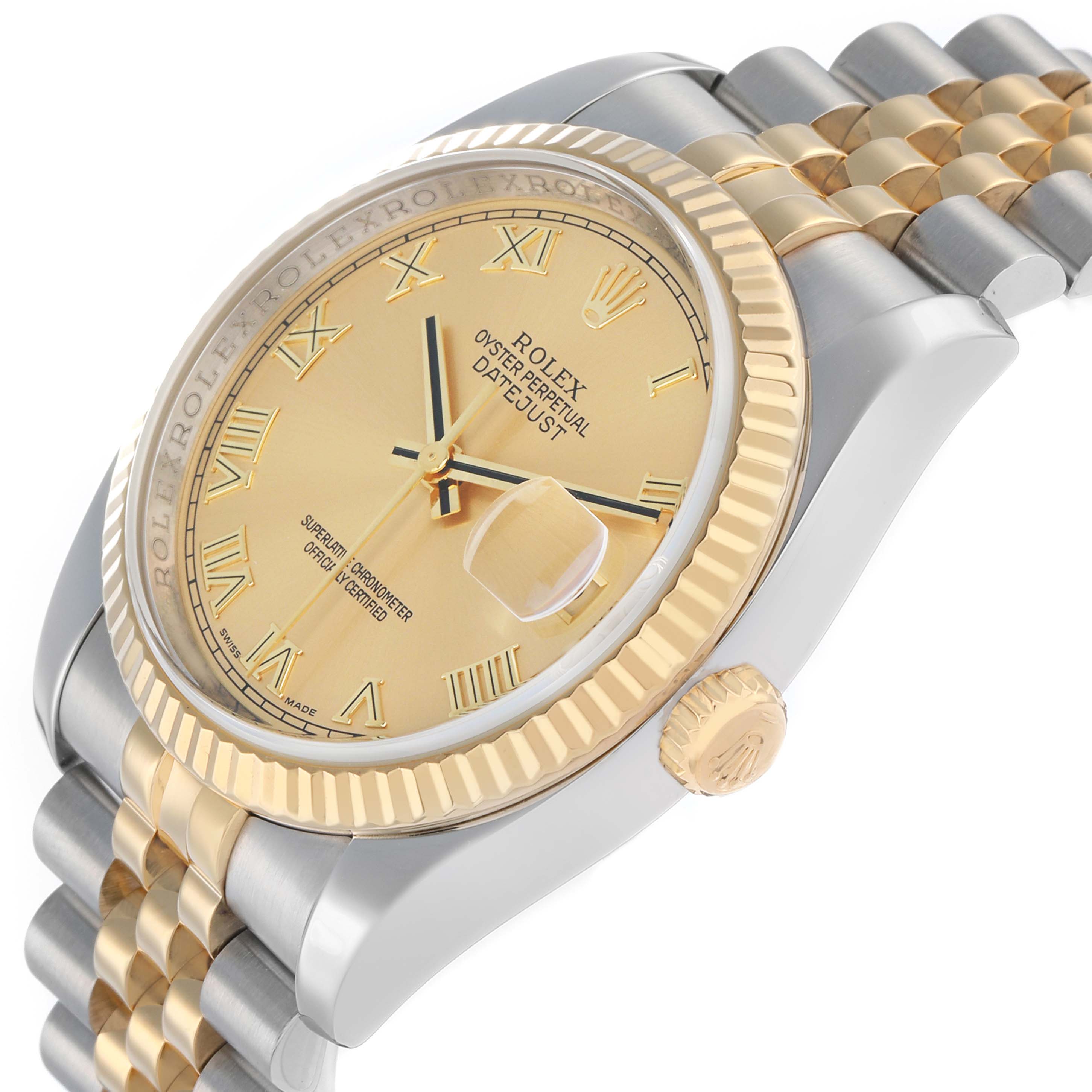 The Rolex Datejust 116233 Men
s Steel and Gold (two tone) Champagne Dial watch is shown at a three-quarter angle, highlighting the dial, fluted bezel, and jubilee bracelet.