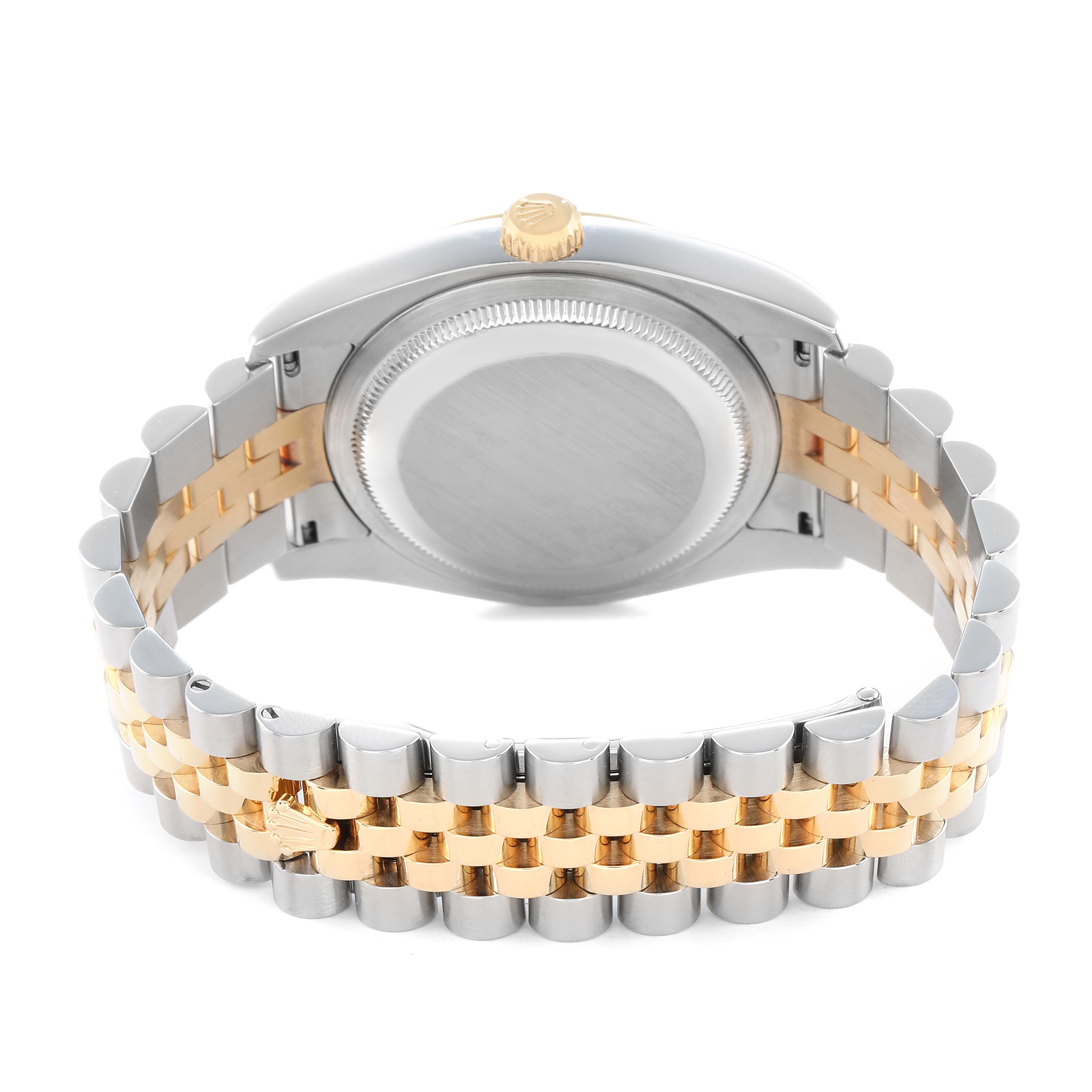 The image shows the back view of a Rolex Datejust 116233 Men
s Steel and Gold (two tone) Champagne Dial, highlighting the case back and two-tone bracelet.