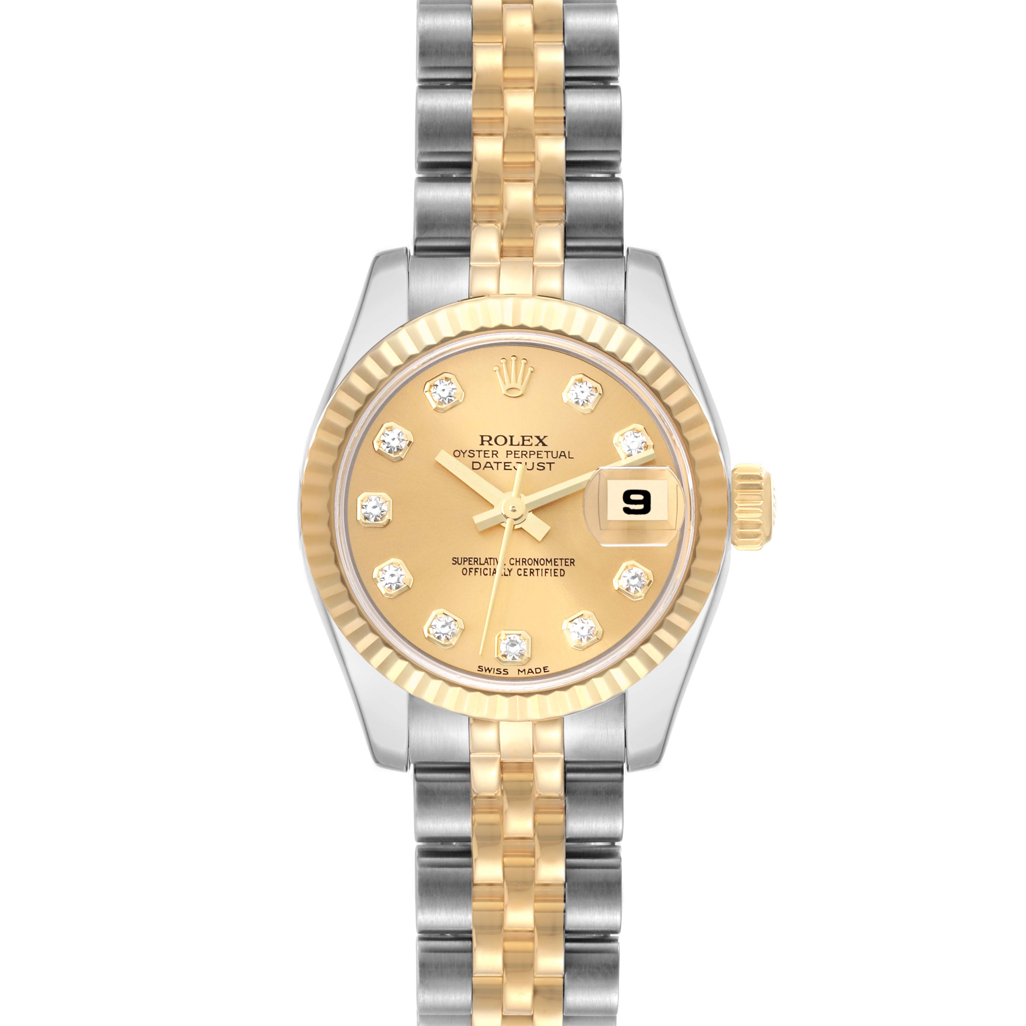 This is a front view of the Rolex Datejust 179173 Women's Steel and Gold (two tone) Champagne Dial 179173 Women's Steel and Gold (two tone) Champagne Dial watch, showing the dial, bezel, crown, and bracelet.