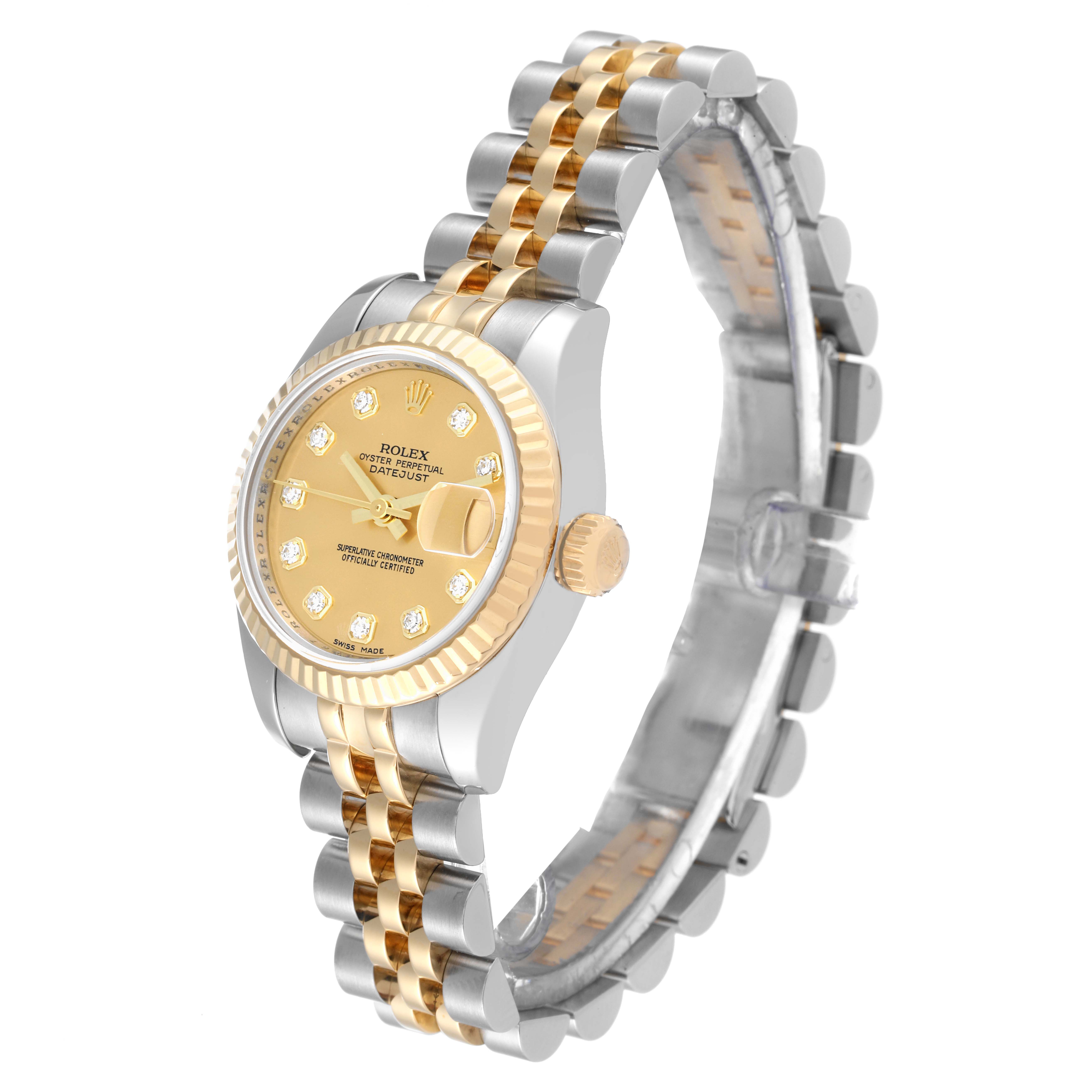 The Rolex Datejust 179173 Women's Steel and Gold (two tone) Champagne Dial 179173 Women's Steel and Gold (two tone) Champagne Dial watch is shown from a three-quarter angle, clearly displaying the dial, crown, and two-tone bracelet.