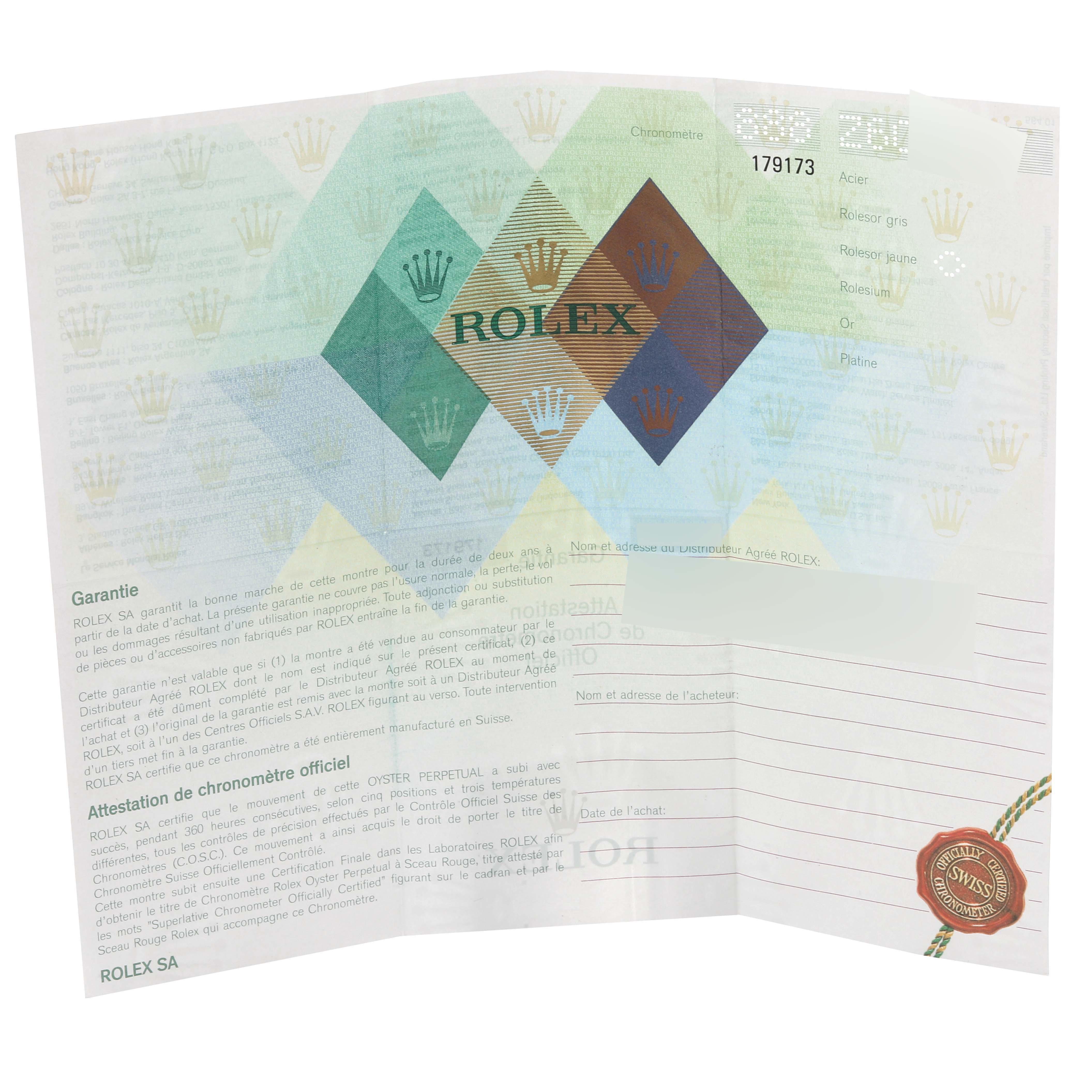 The image shows a folded warranty certificate for a Rolex Datejust 179173 Women's Steel and Gold (two tone) Champagne Dial 179173 Women's Steel and Gold (two tone) Champagne Dial watch, displaying the Rolex logo and details.