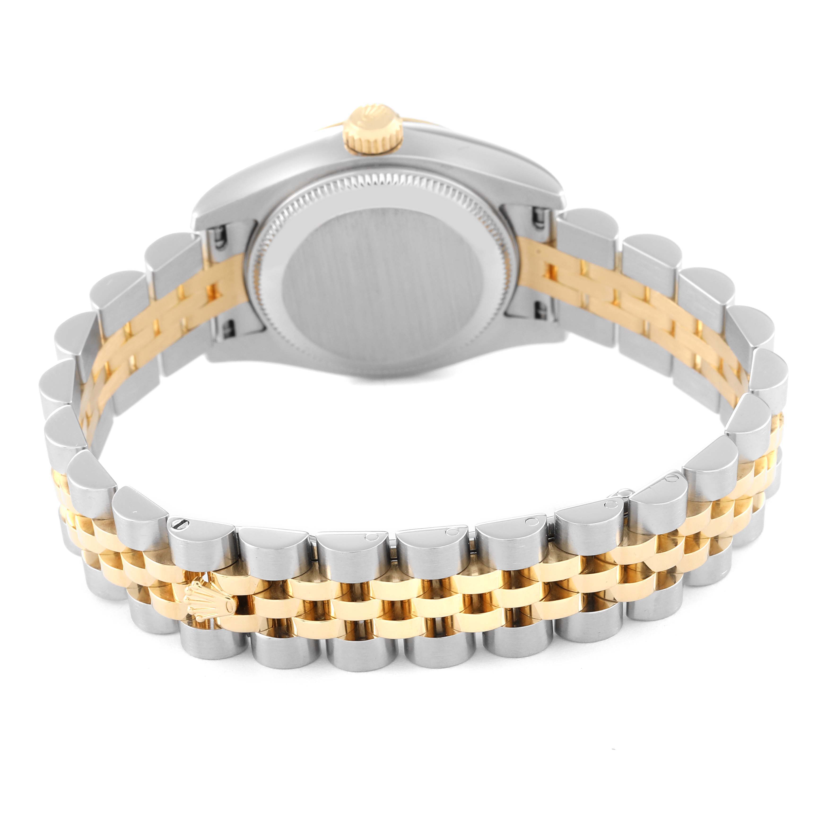 This image shows the back view of the Rolex Datejust 179173 Women's Steel and Gold (two tone) Champagne Dial 179173 Women's Steel and Gold (two tone) Champagne Dial watch, highlighting the two-tone bracelet and case back.