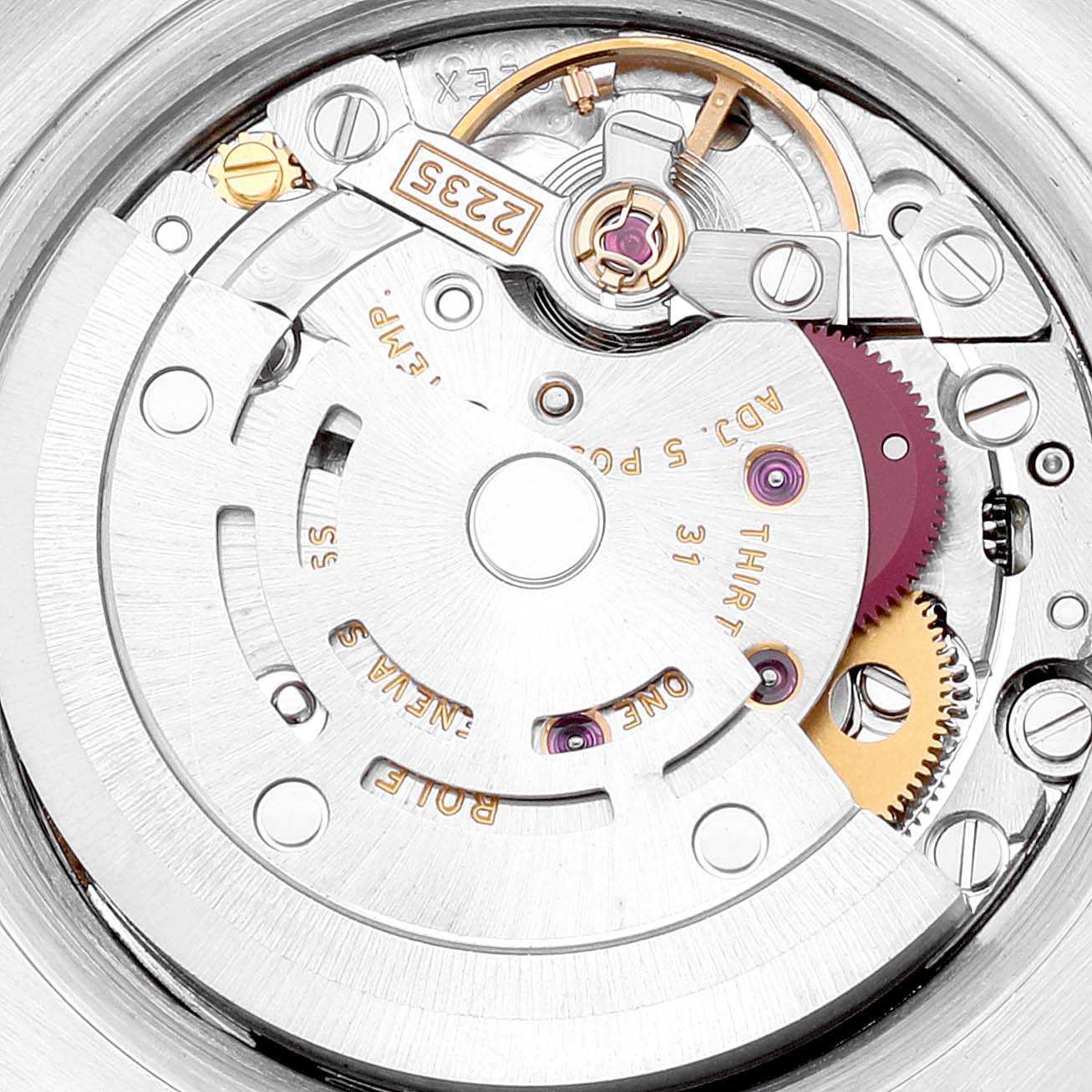 The image shows a close-up view of the movement mechanism of a Rolex Datejust 179173 Women's Steel and Gold (two tone) Champagne Dial 179173 Women's Steel and Gold (two tone) Champagne Dial watch.