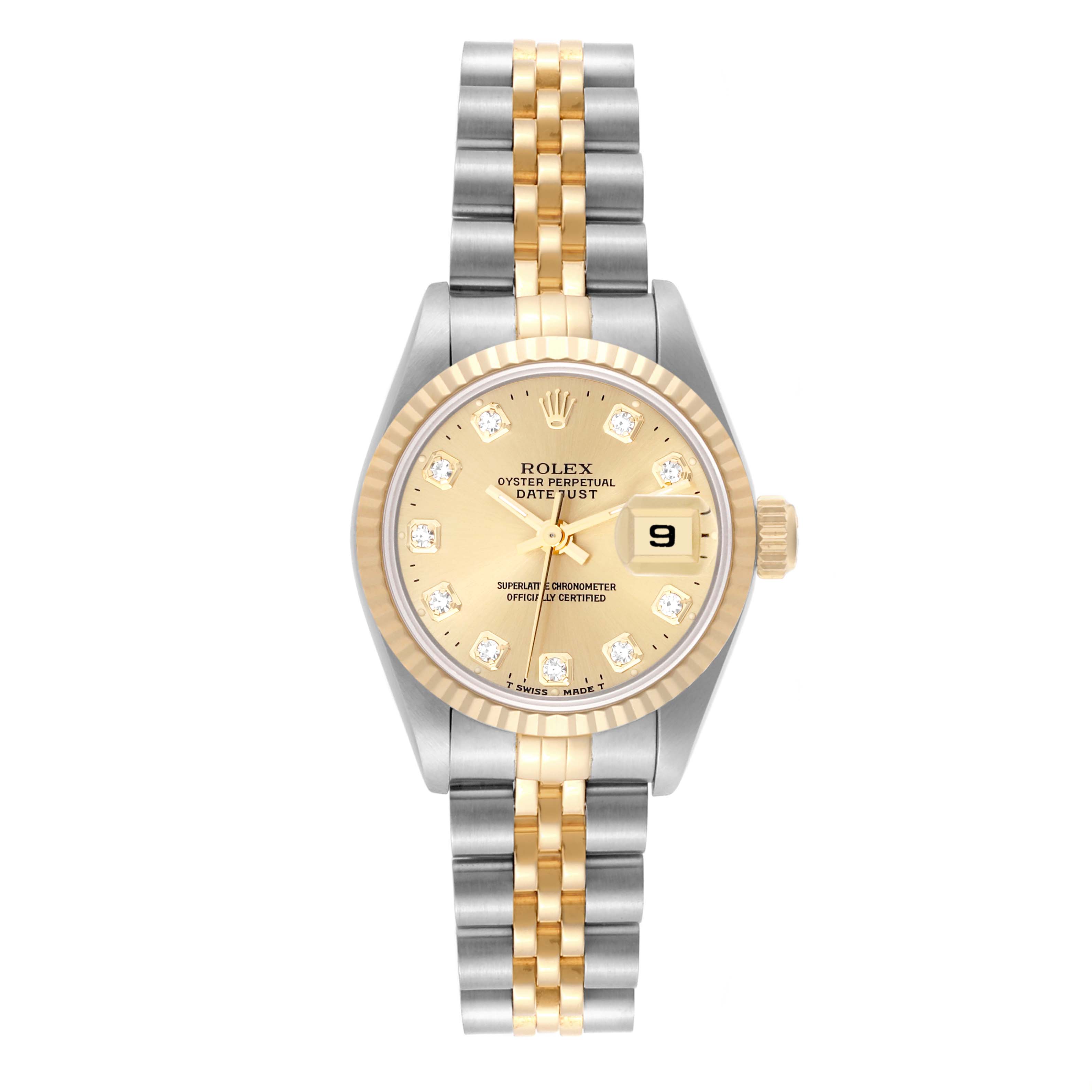 The Rolex Datejust 69173 Women's Steel and Gold (two tone) Champagne Dial 69173 Women's Steel and Gold (two tone) Champagne Dial watch is shown from a front angle, displaying its dial, bezel, and bracelet.