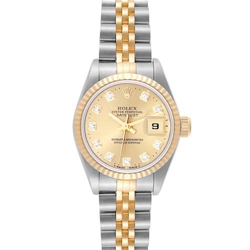 The Rolex Datejust watch is shown from the front, highlighting the dial, bezel, crown, and two-tone bracelet.