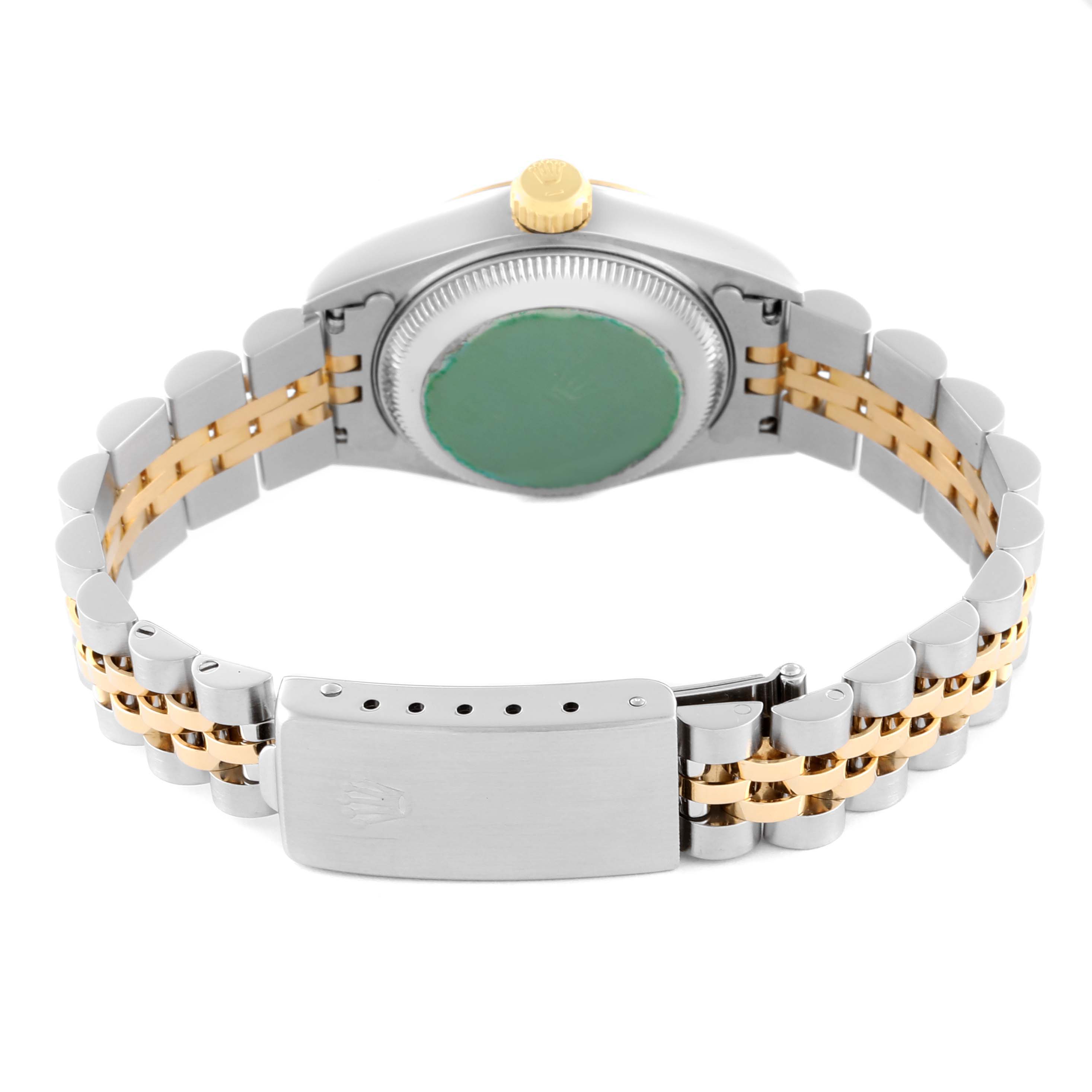 The Rolex Datejust 69173 Women's Steel and Gold (two tone) Champagne Dial 69173 Women's Steel and Gold (two tone) Champagne Dial watch is shown from the back, highlighting the bracelet and clasp with a view of the case back.