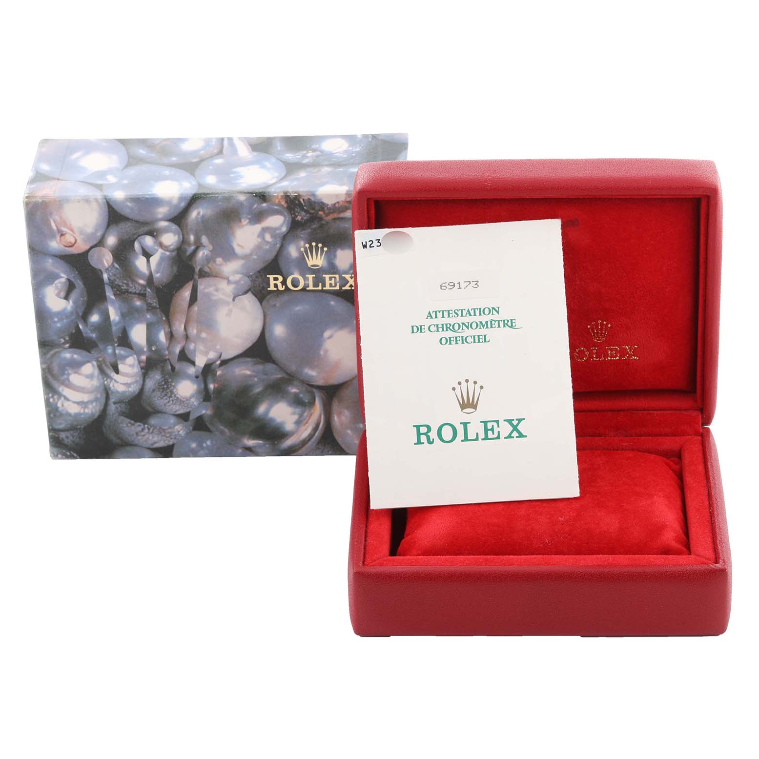 The image shows a Rolex Datejust 69173 Women's Steel and Gold (two tone) Champagne Dial 69173 Women's Steel and Gold (two tone) Champagne Dial watch box, certification card, and outer packaging at an angle displaying the open box interior.