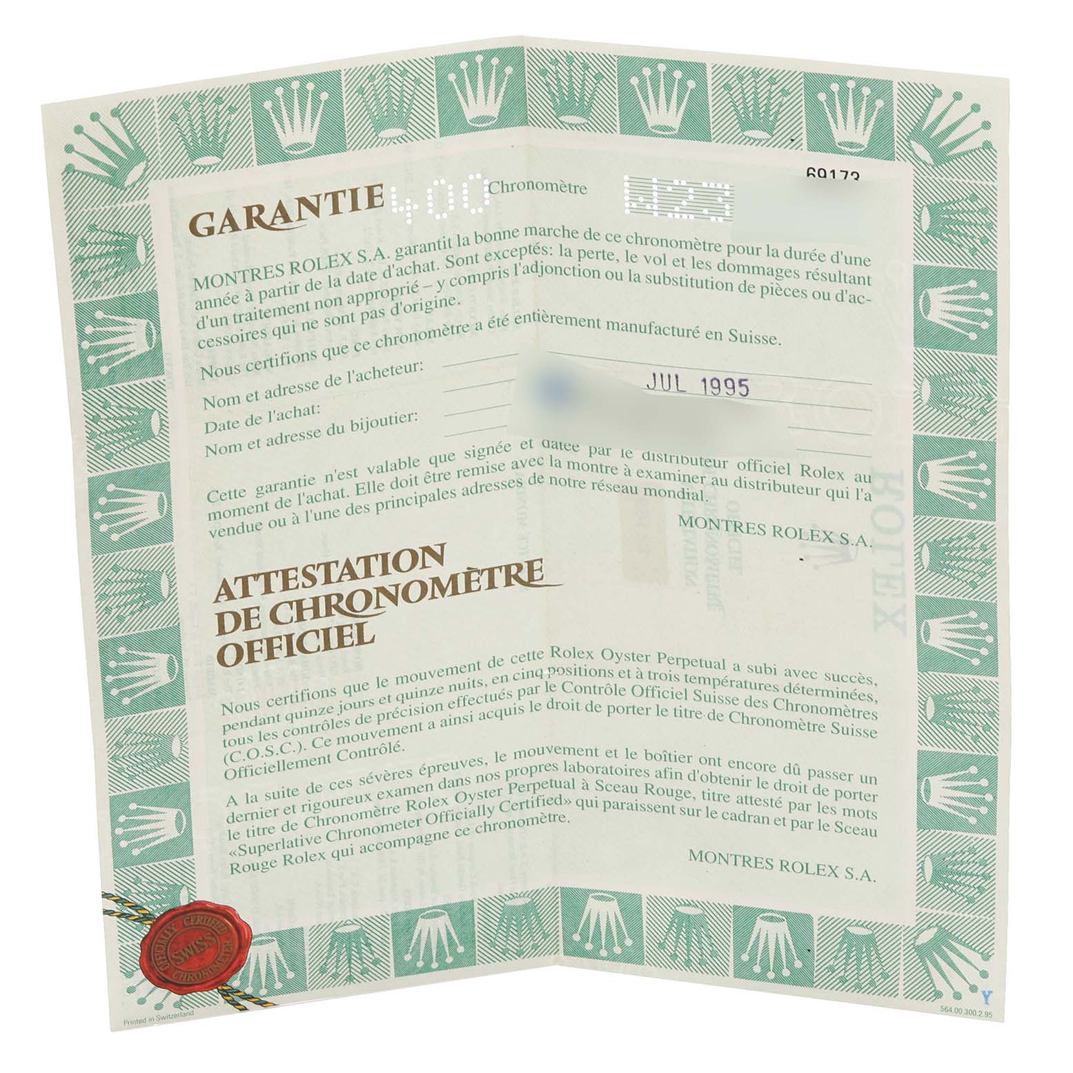 The image shows the warranty and chronometer certificate for a Rolex Datejust 69173 Women's Steel and Gold (two tone) Champagne Dial 69173 Women's Steel and Gold (two tone) Champagne Dial.