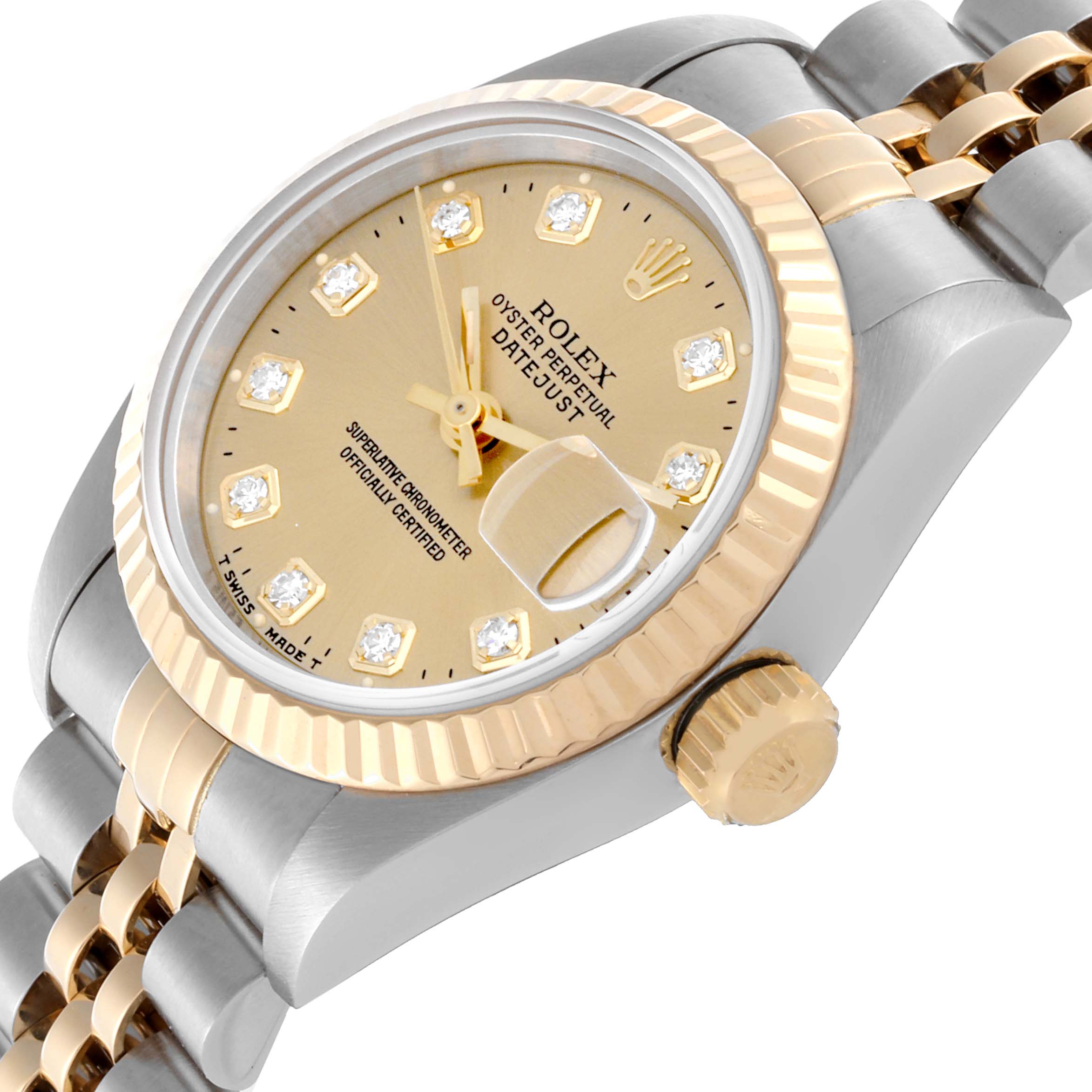 The Rolex Datejust 69173 Women's Steel and Gold (two tone) Champagne Dial 69173 Women's Steel and Gold (two tone) Champagne Dial is shown at an oblique angle, highlighting the bezel, crown, dial, and part of the bracelet.