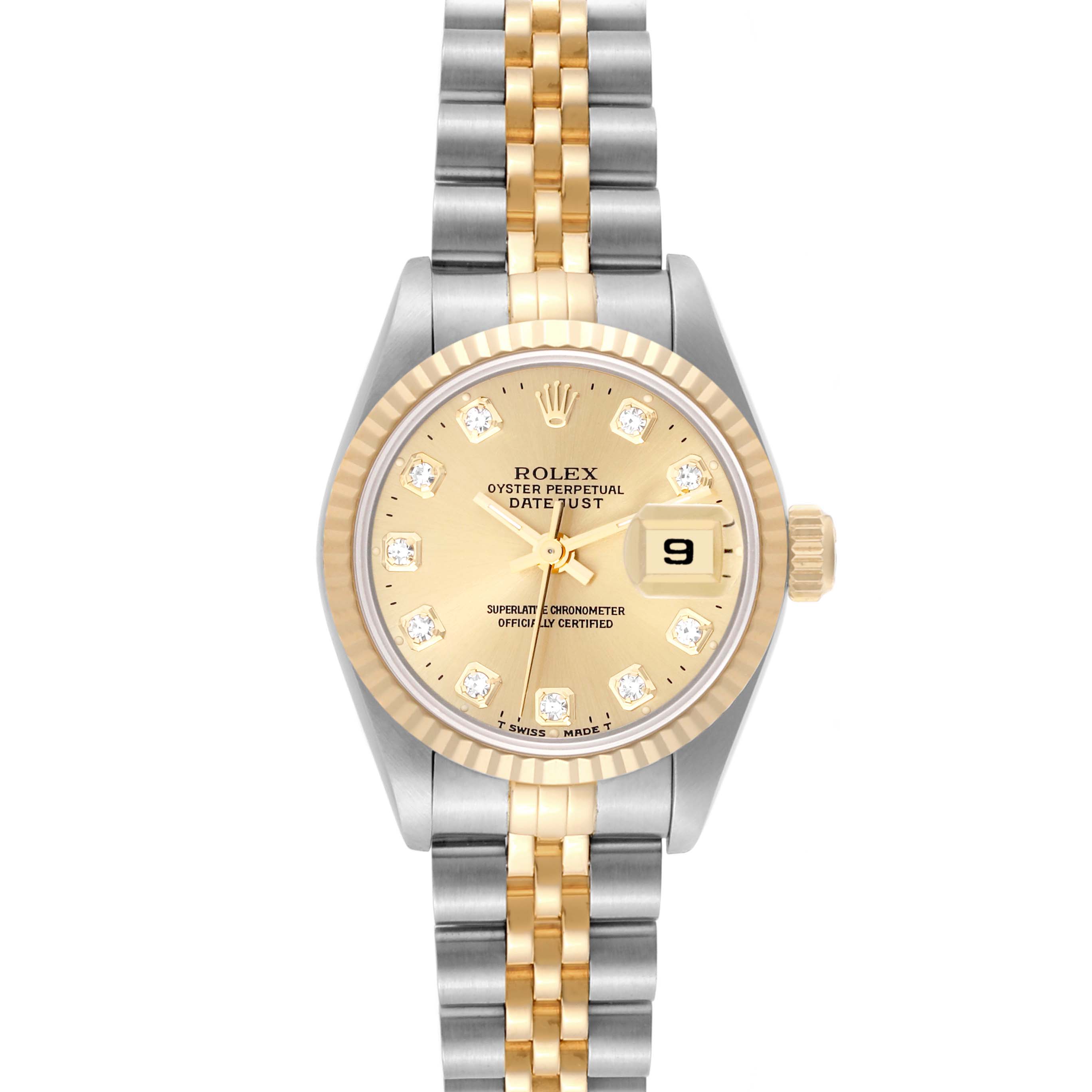 The Rolex Datejust 69173 Women's Steel and Gold (two tone) Champagne Dial 69173 Women's Steel and Gold (two tone) Champagne Dial watch is shown from the front, displaying the dial, bezel, and two-tone bracelet.