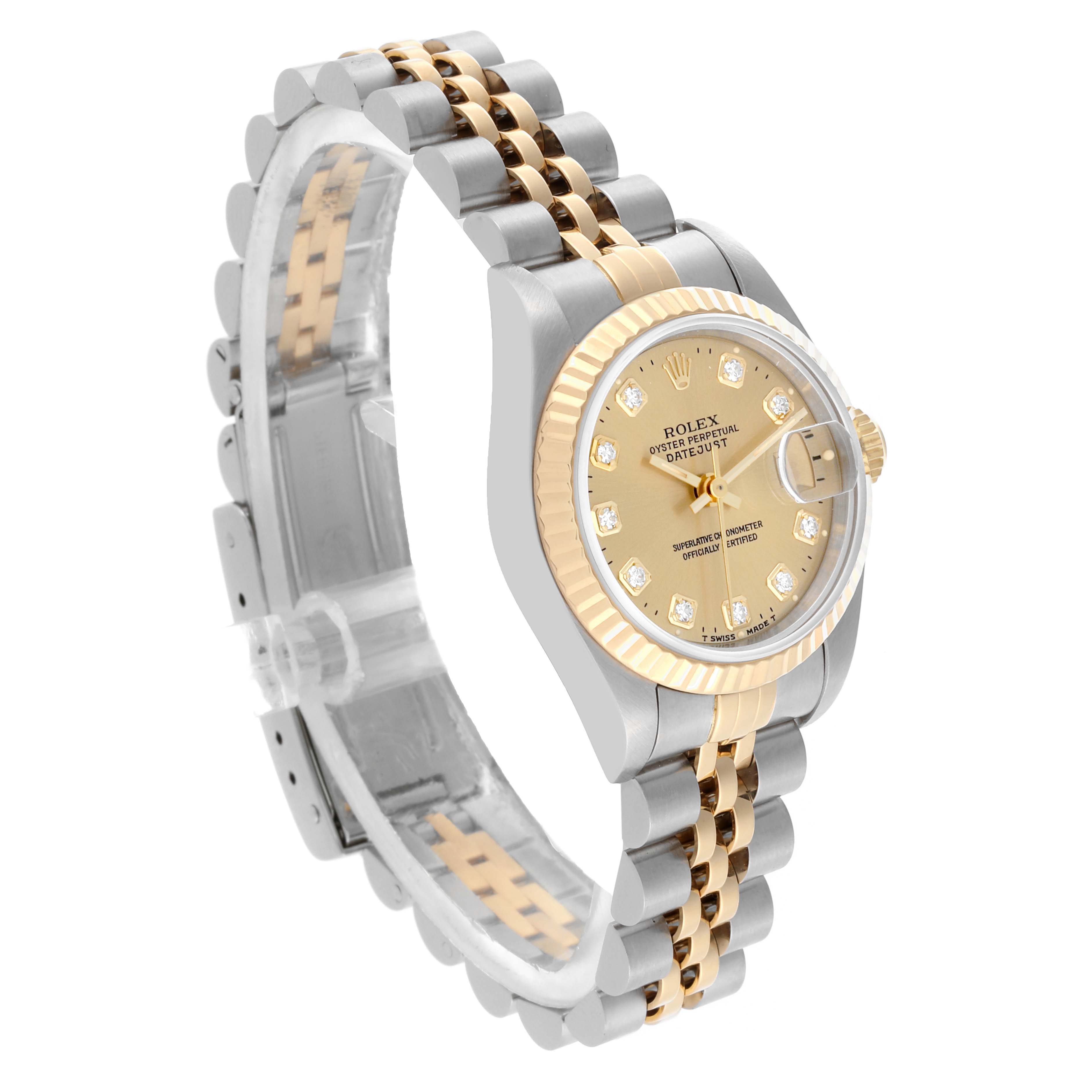 The Rolex Datejust 69173 Women's Steel and Gold (two tone) Champagne Dial 69173 Women's Steel and Gold (two tone) Champagne Dial watch is shown at an angled side view, highlighting the face, bezel, and two-tone bracelet.