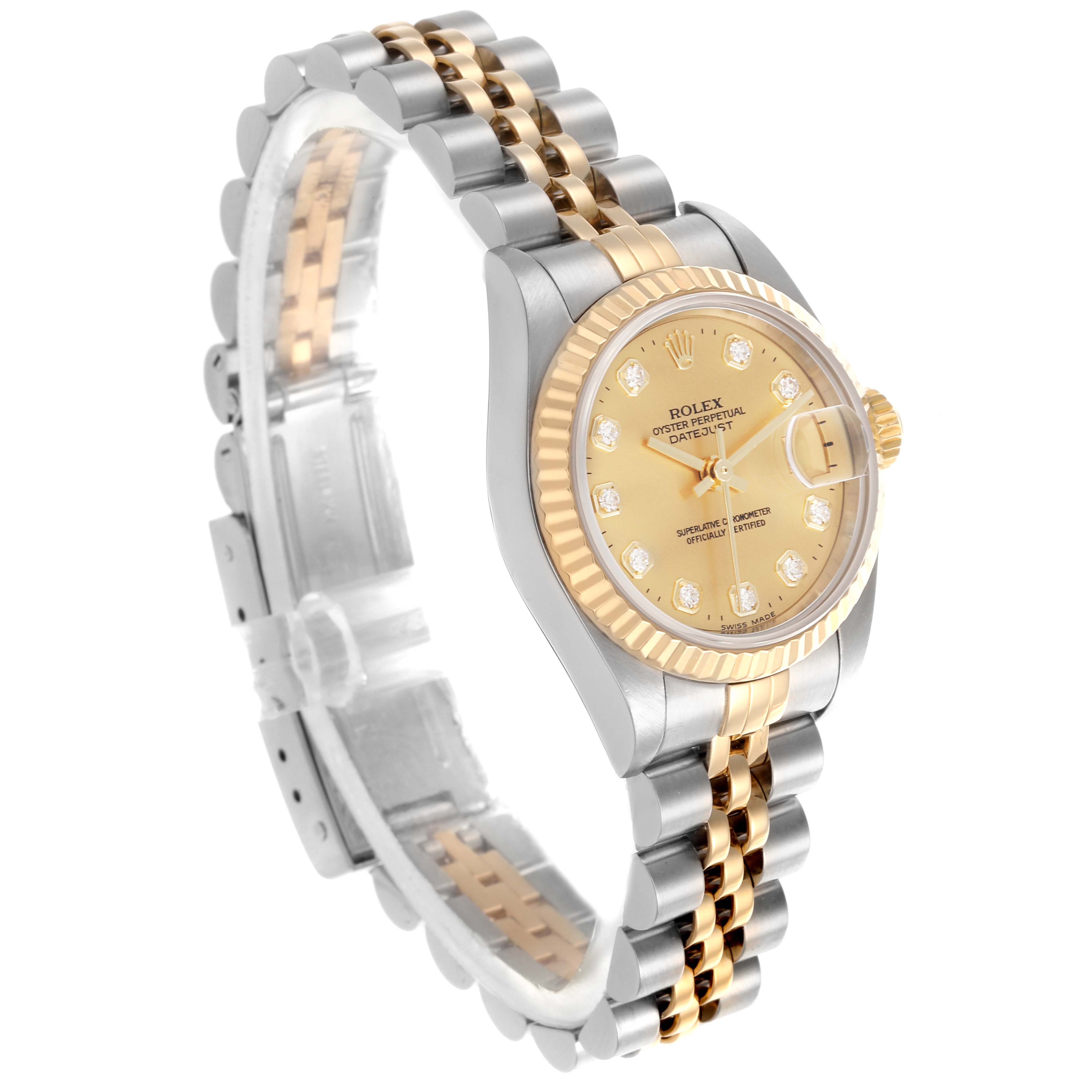 The image shows a Rolex Datejust 79173 Women's Steel and Gold (two tone) Champagne Dial 79173 Women's Steel and Gold (two tone) Champagne Dial watch at a 45-degree angle, displaying the face and side of the two-tone bracelet.
