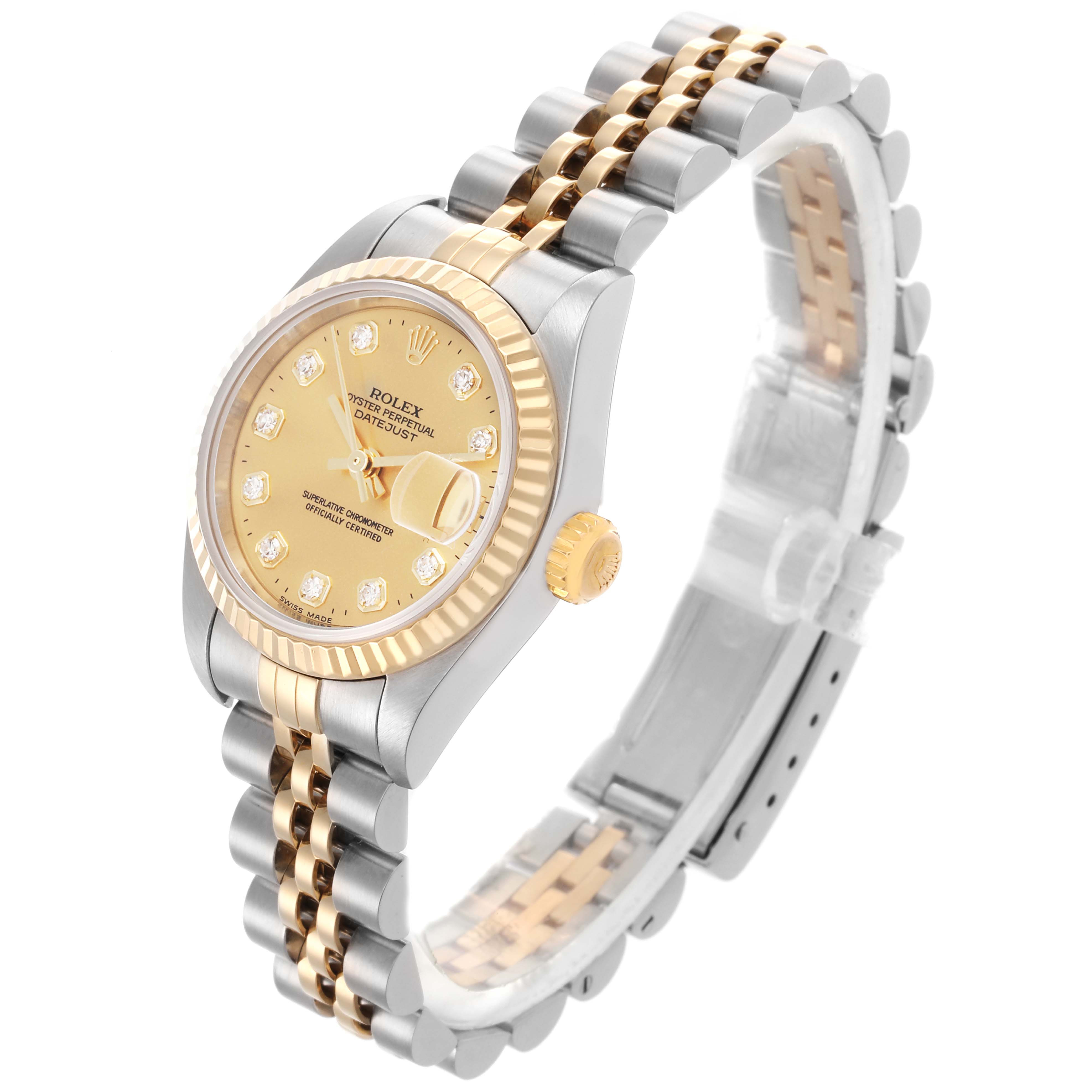 The Rolex Datejust 79173 Women's Steel and Gold (two tone) Champagne Dial 79173 Women's Steel and Gold (two tone) Champagne Dial watch is shown at a three-quarter angle, highlighting the dial, bezel, crown, and bracelet.