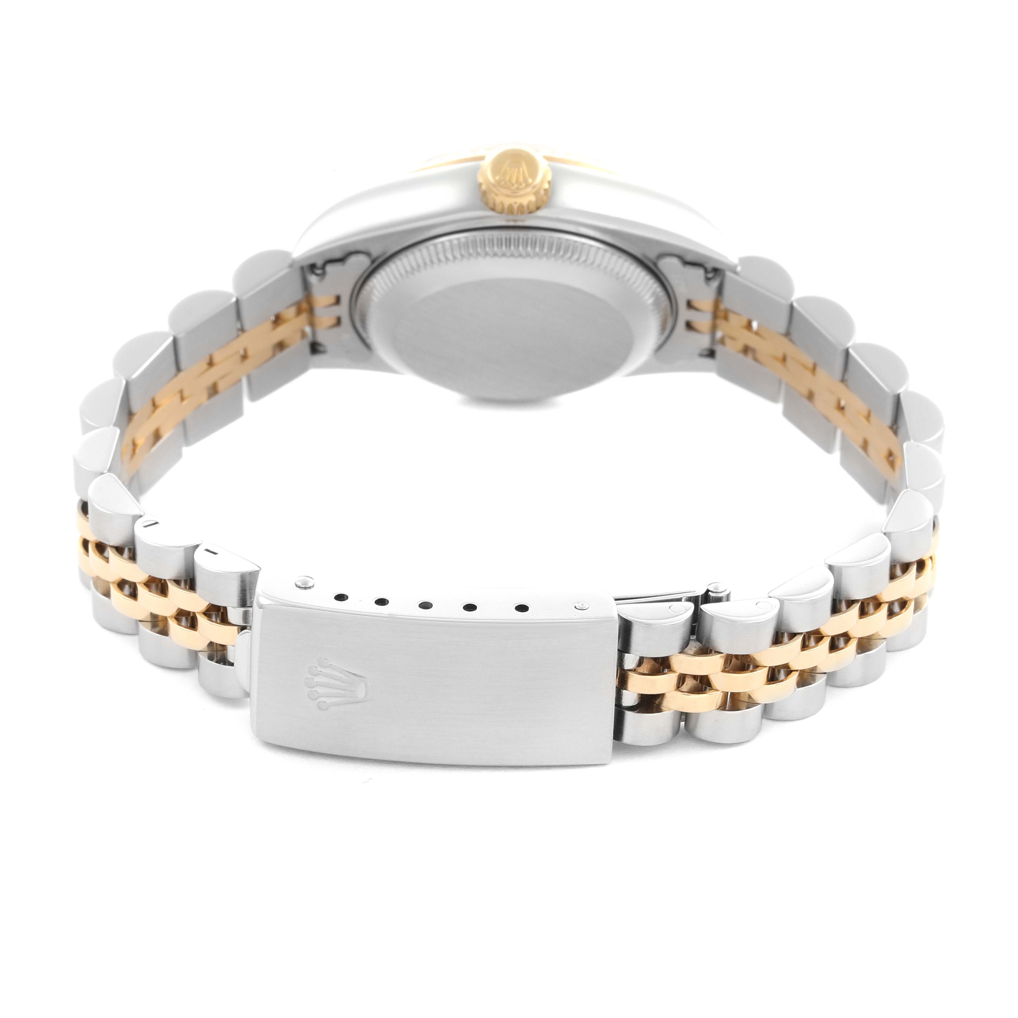 The image shows the back view of the Rolex Datejust 79173 Women's Steel and Gold (two tone) Champagne Dial 79173 Women's Steel and Gold (two tone) Champagne Dial watch, highlighting the bracelet and clasp.