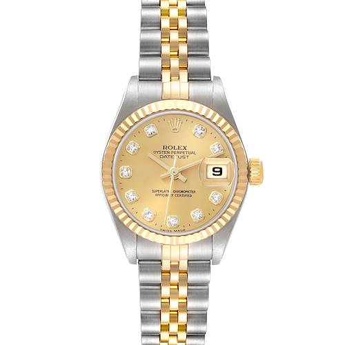 The Rolex Datejust watch is shown from a top-down angle, displaying its gold dial, diamond markers, bezel, and two-tone bracelet.