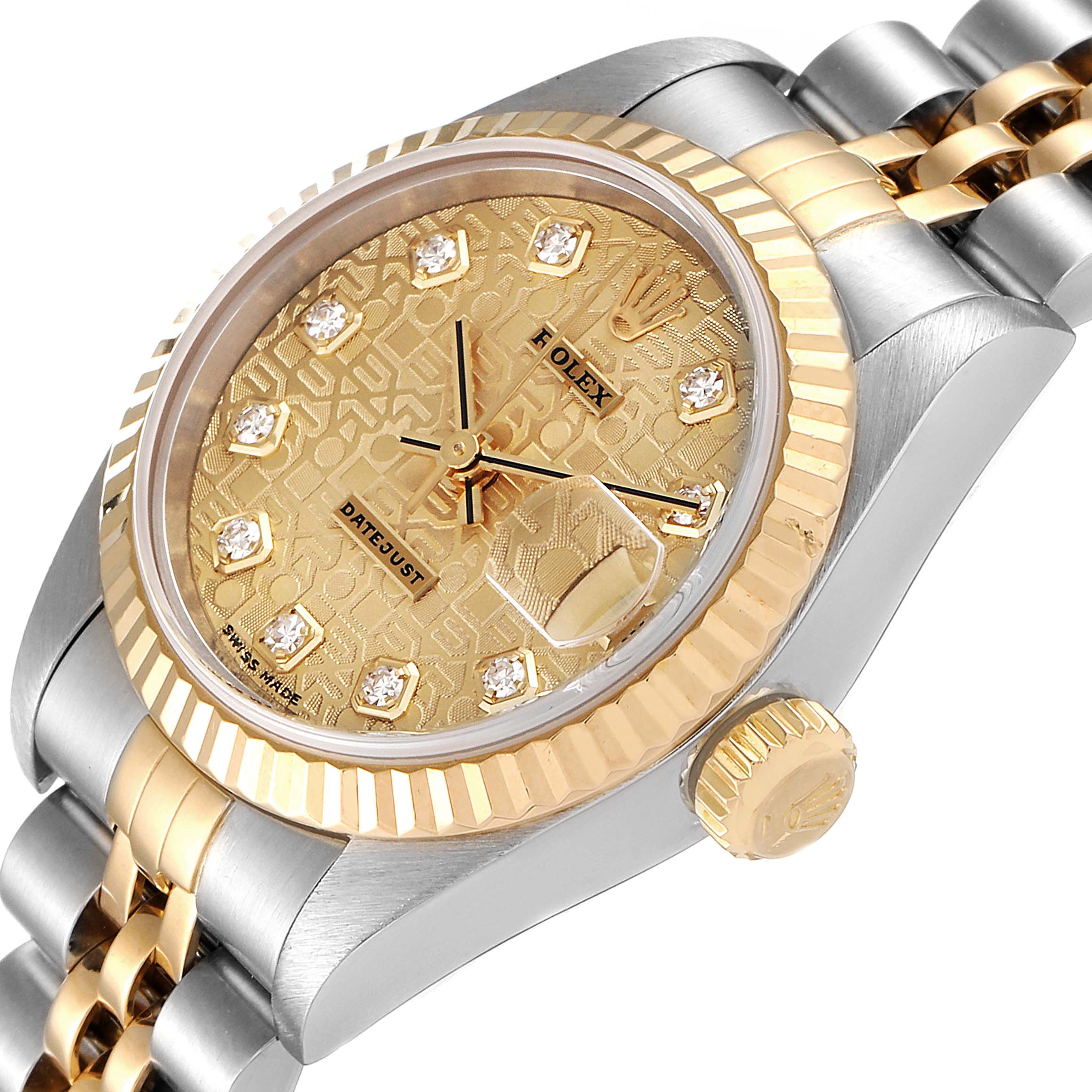The image shows an angled close-up of the Rolex Datejust 79173 Women's Steel and Gold (two tone) Champagne Dial 79173 Women's Steel and Gold (two tone) Champagne Dial watch, highlighting its gold dial, diamond hour markers, bezel, crown, and two-tone bracelet.