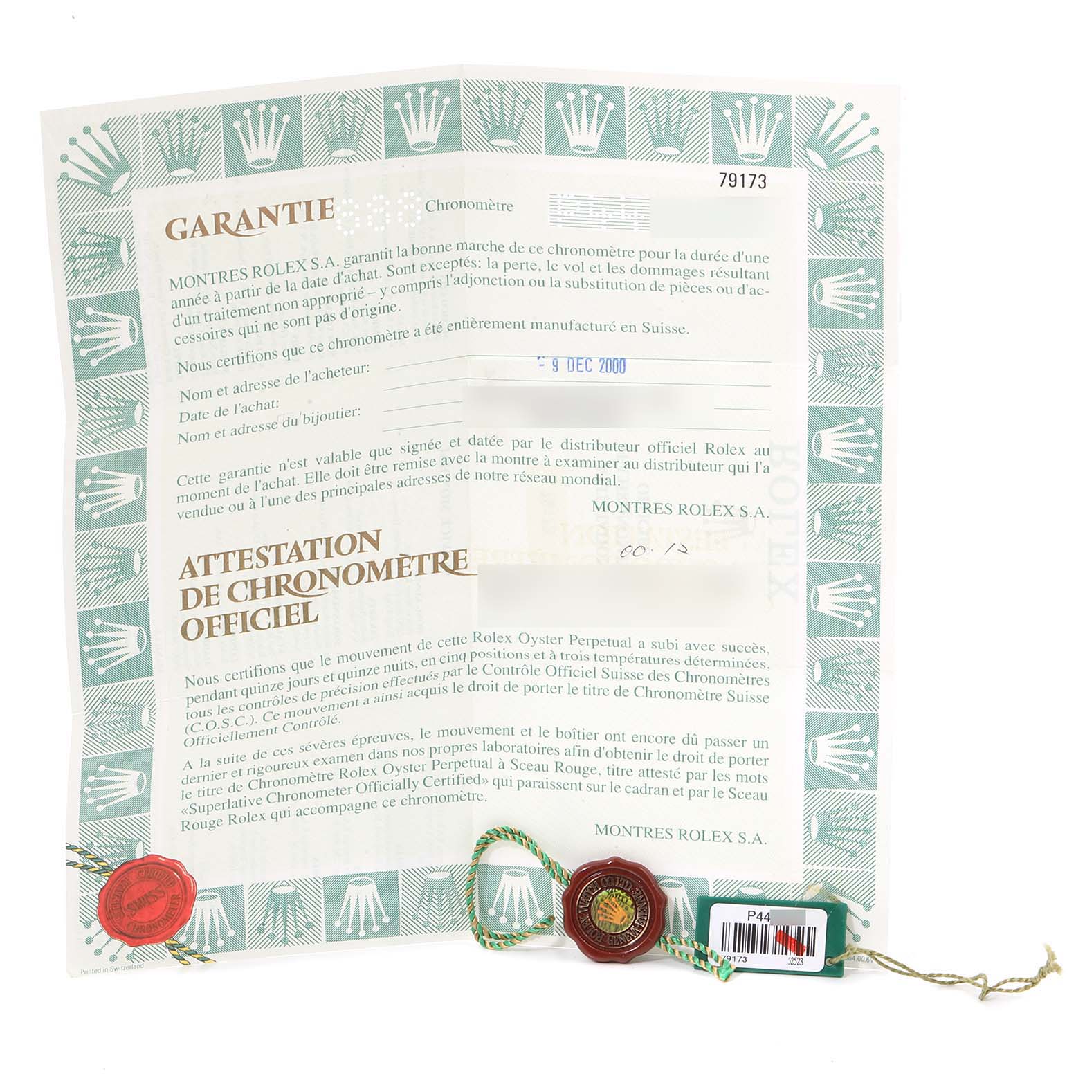 The image shows warranty documents and tags for the Rolex Datejust 79173 Women's Steel and Gold (two tone) Champagne Dial 79173 Women's Steel and Gold (two tone) Champagne Dial watch model.