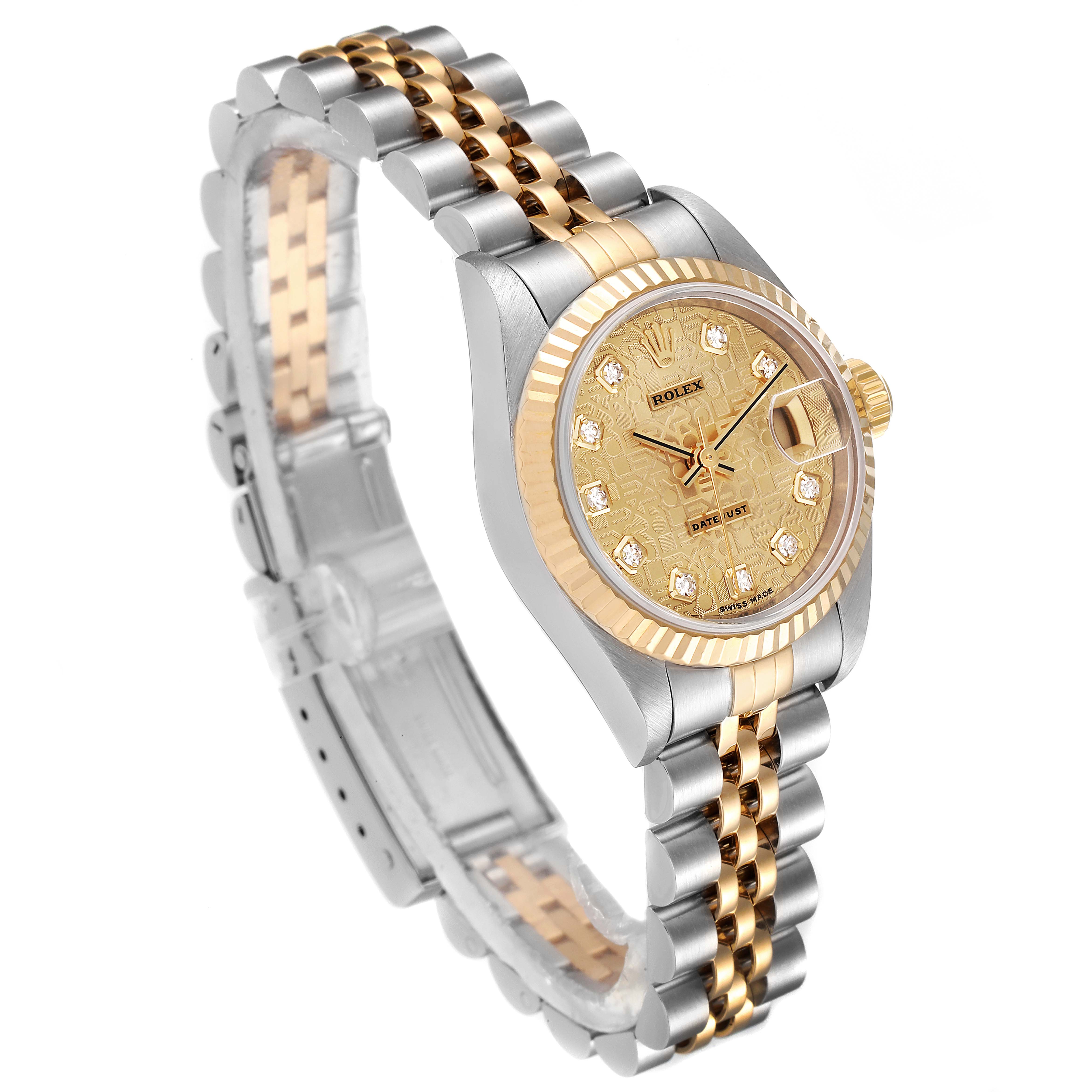 The image displays a Rolex Datejust 79173 Women's Steel and Gold (two tone) Champagne Dial 79173 Women's Steel and Gold (two tone) Champagne Dial model watch from a diagonal angle, showing the dial, bezel, and two-tone bracelet.