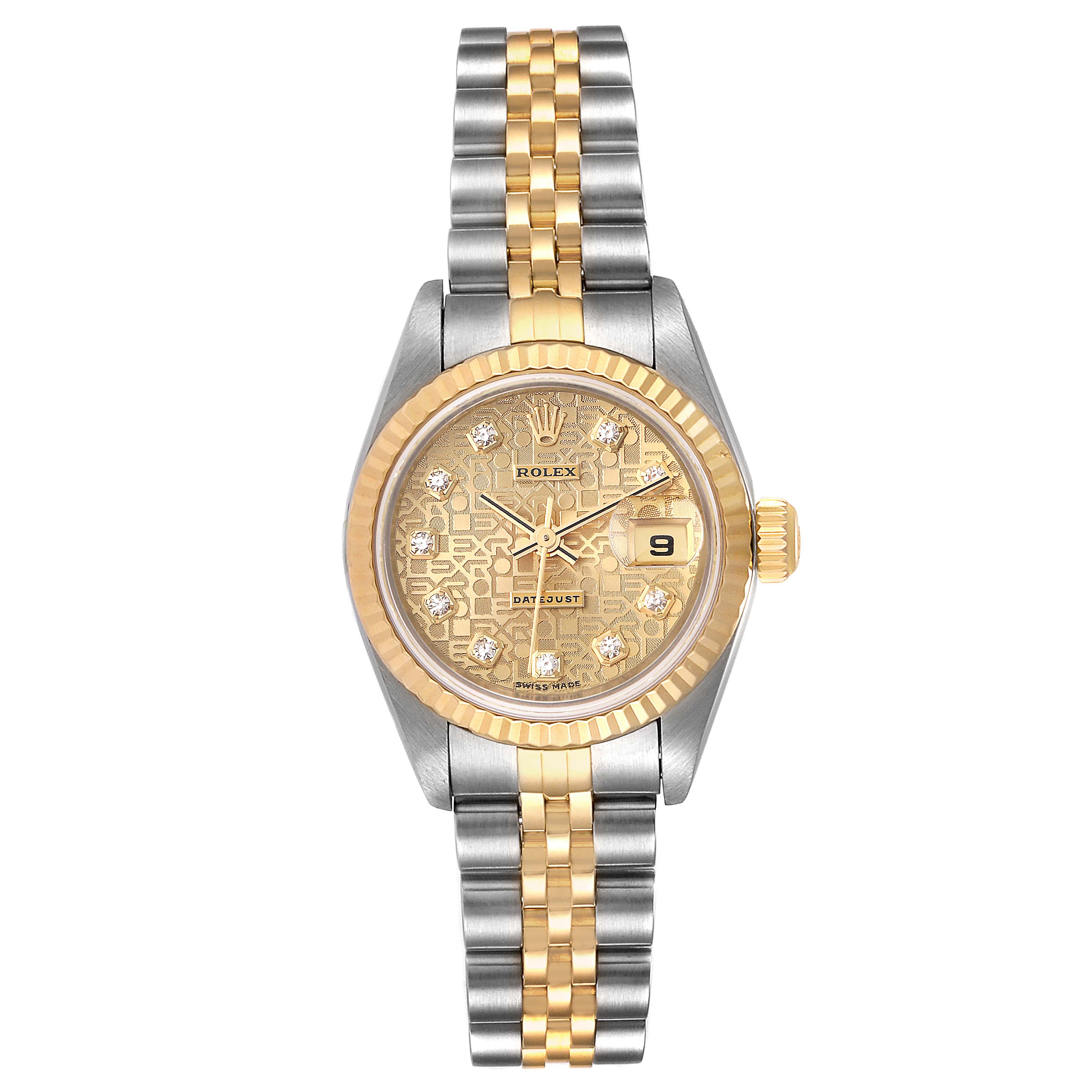 The image shows a Rolex Datejust 79173 Women's Steel and Gold (two tone) Champagne Dial 79173 Women's Steel and Gold (two tone) Champagne Dial watch, front view, displaying the dial, bezel, bracelet, and date indicator.