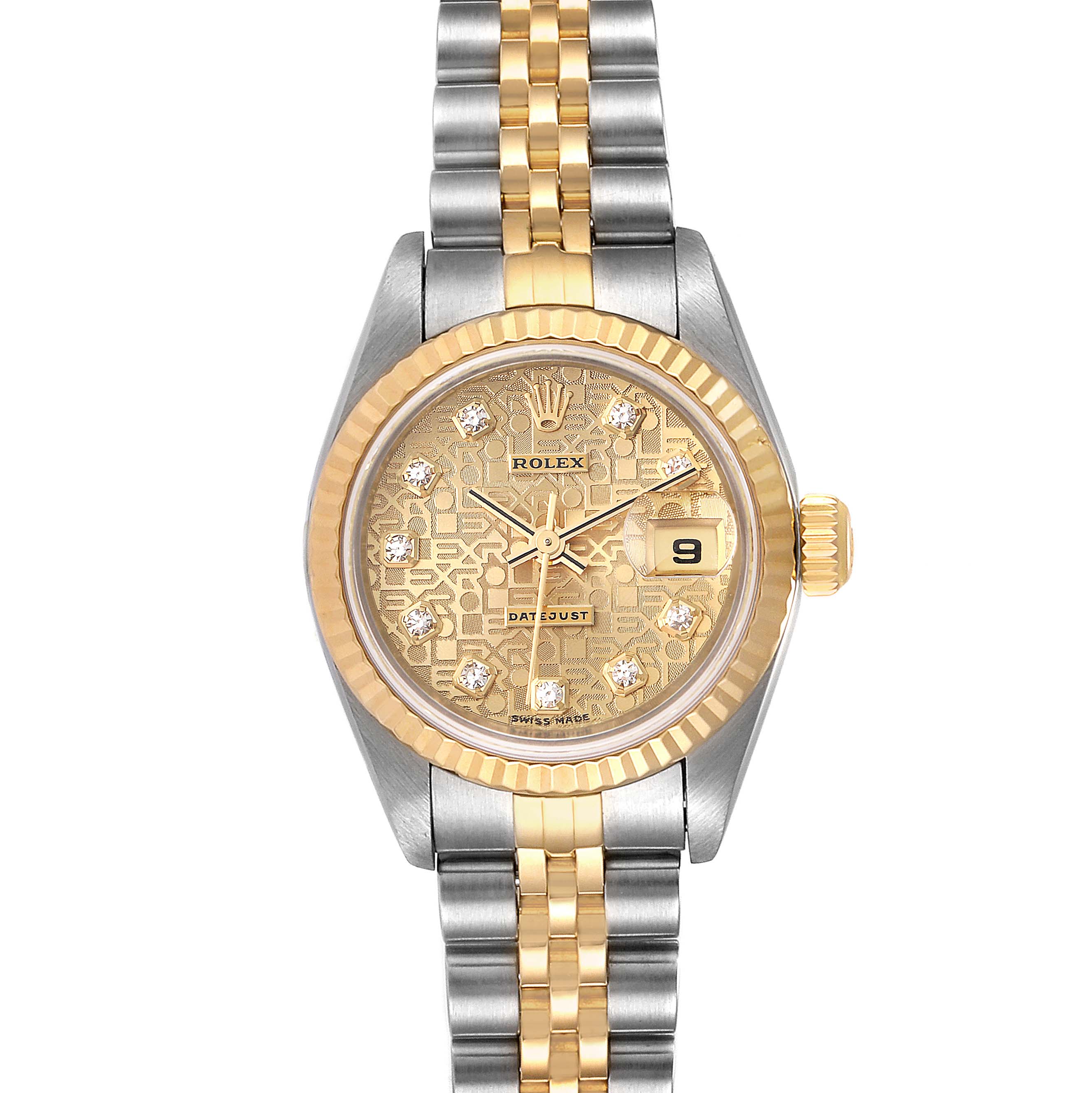 The image shows a Rolex Datejust 79173 Women's Steel and Gold (two tone) Champagne Dial 79173 Women's Steel and Gold (two tone) Champagne Dial watch with a two-tone bracelet, diamond markers, and a date window at the 3 o'clock position.