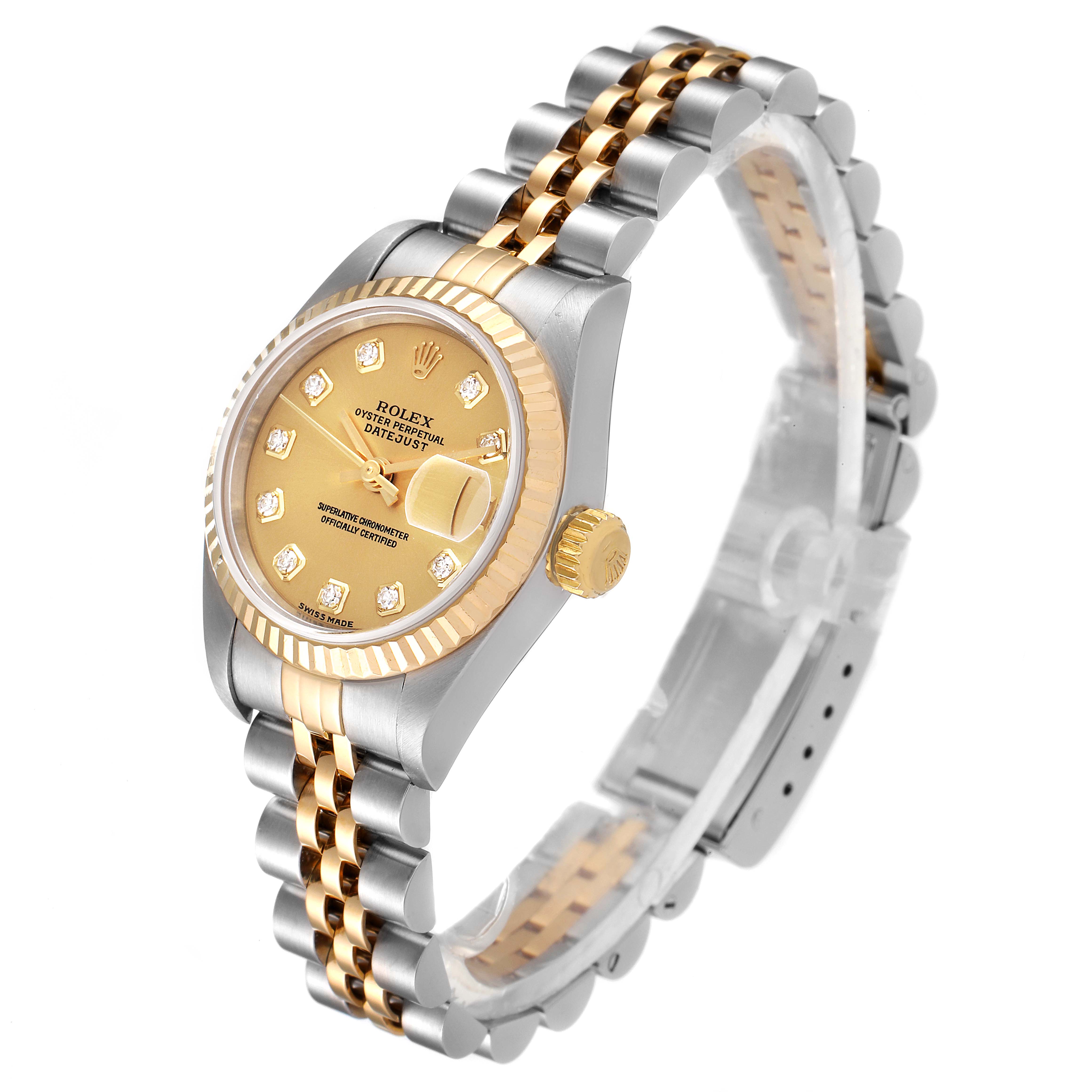The Rolex Datejust 79173 Women's Steel and Gold (two tone) Champagne Dial 79173 Women's Steel and Gold (two tone) Champagne Dial watch is shown at an angled view highlighting its gold dial, two-tone bracelet, and fluted bezel.