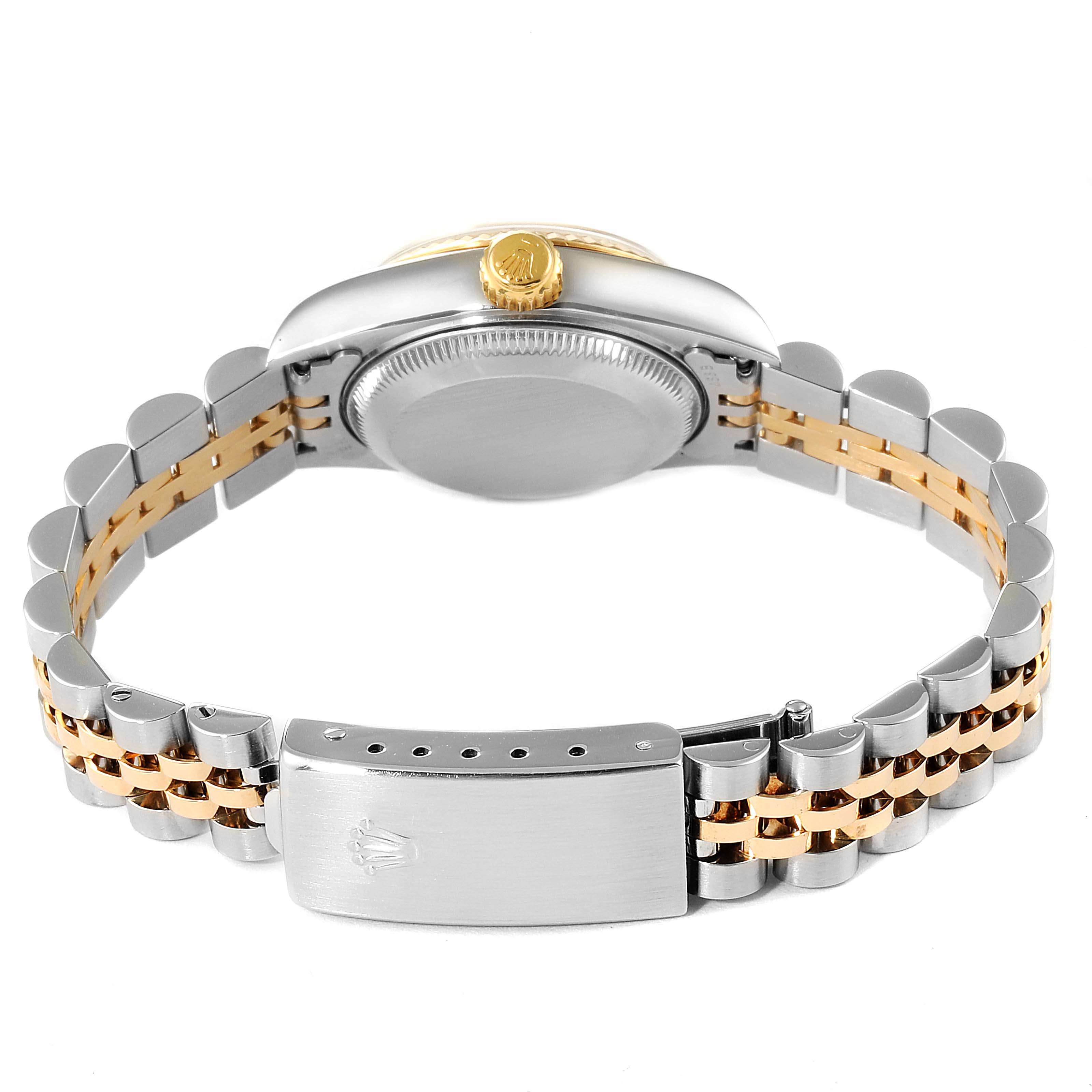 This image displays the back view of a Rolex Datejust 79173 Women's Steel and Gold (two tone) Champagne Dial 79173 Women's Steel and Gold (two tone) Champagne Dial watch, showcasing its bracelet and clasp.